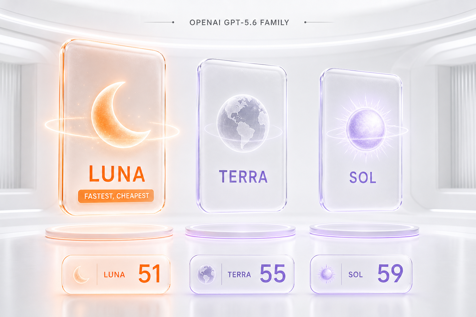 OpenAI GPT-5.6 family — Sol flagship, Terra balanced, Luna economy, with Luna highlighted as the fastest and cheapest tier