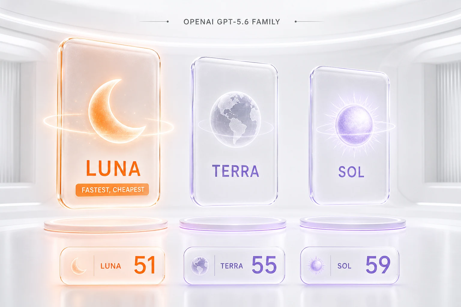 OpenAI GPT-5.6 family — Sol flagship, Terra balanced, Luna economy, with Luna highlighted as the fastest and cheapest tier