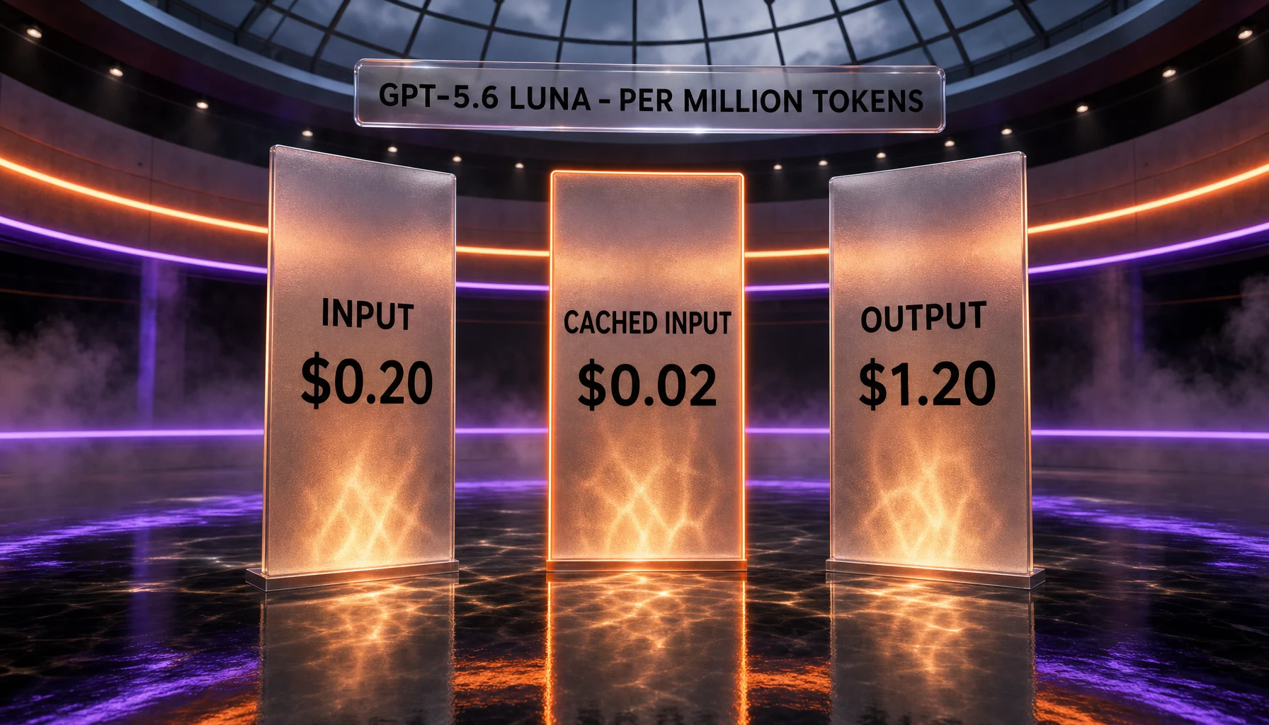 GPT-5.6 Luna pricing — 20 cents input and 1.20 dollars output per million tokens, the cheapest of the family, plus lowest cost per task