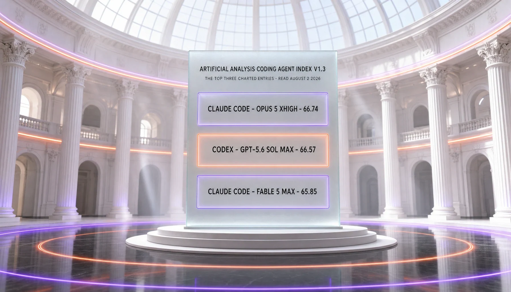Artificial Analysis Coding Agent Index v1.3, the top three charted entries — Claude Code with Opus 5 xhigh at 66.74, Codex with GPT-5.6 Sol max at 66.57, and Claude Code with Fable 5 max at 65.85