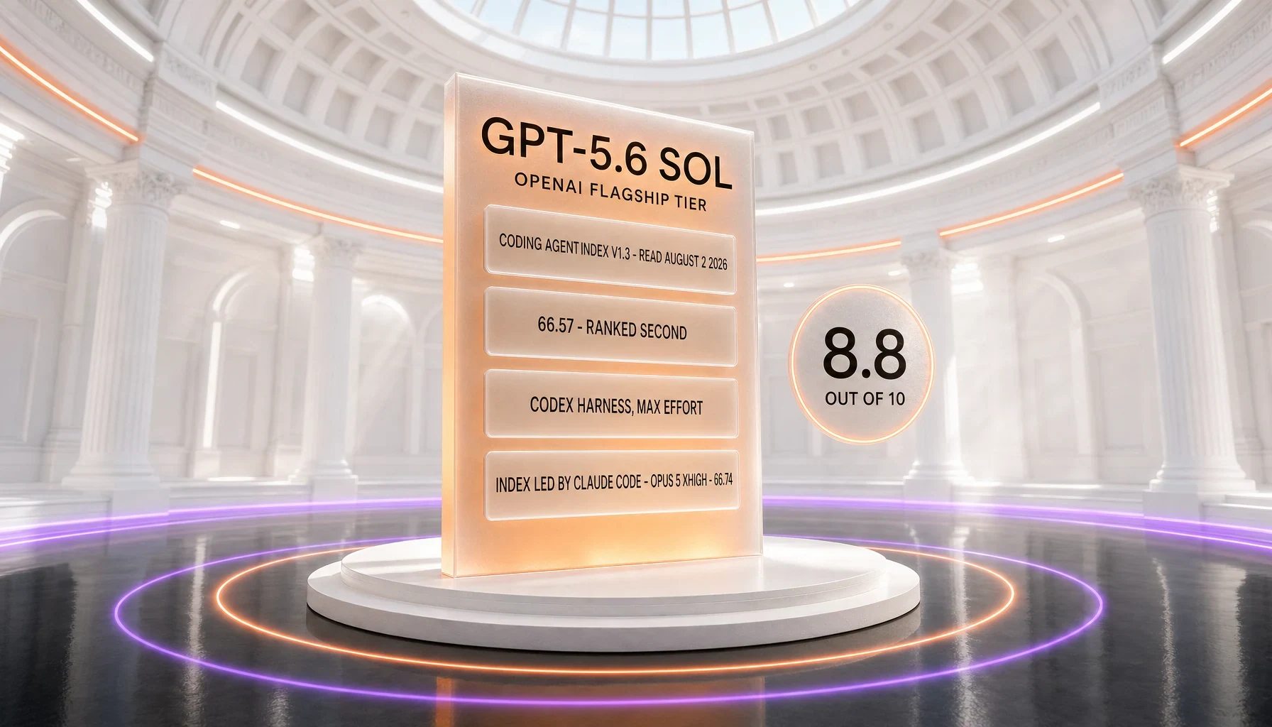 GPT-5.6 Sol hero card scored 8.8 out of 10, with its Artificial Analysis Coding Agent Index v1.3 result of 66.57 — ranked second, measured through the Codex harness at max effort and read August 2, 2026 — behind Claude Code running Opus 5 xhigh, which leads the index at 66.74