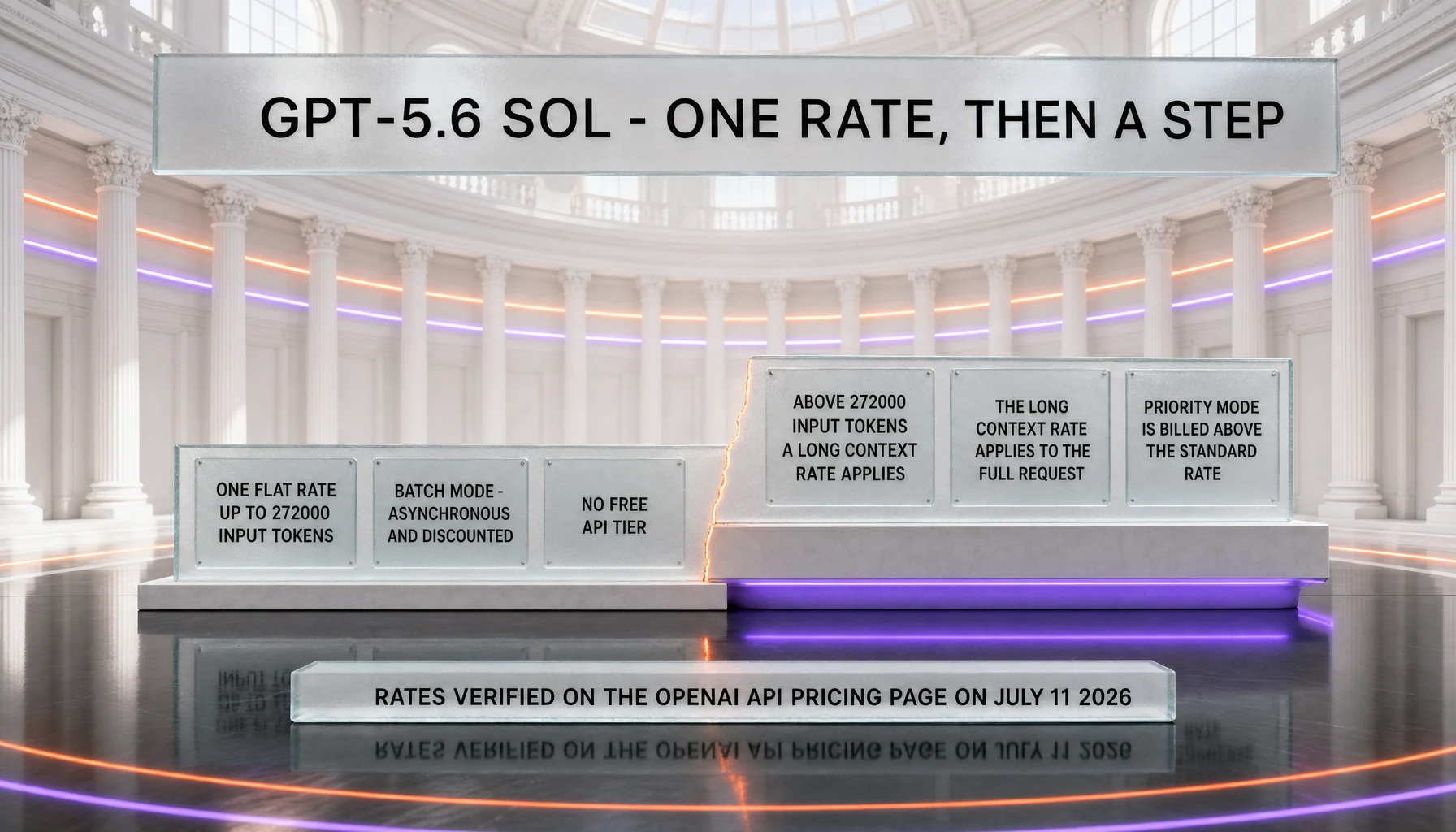 How GPT-5.6 Sol is billed — one flat rate up to 272,000 input tokens, above which a long-context rate applies to the full request rather than the excess, alongside a discounted asynchronous Batch mode, a Priority mode billed above the standard rate, and no free API tier