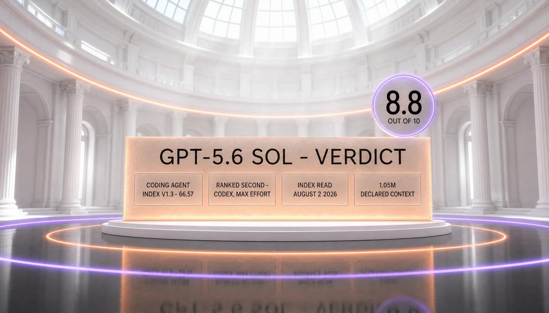 GPT-5.6 Sol verdict card scored 8.8 out of 10, showing its Coding Agent Index v1.3 result of 66.57 — ranked second through the Codex harness at max effort, index read August 2, 2026 — and its 1.05M declared context window