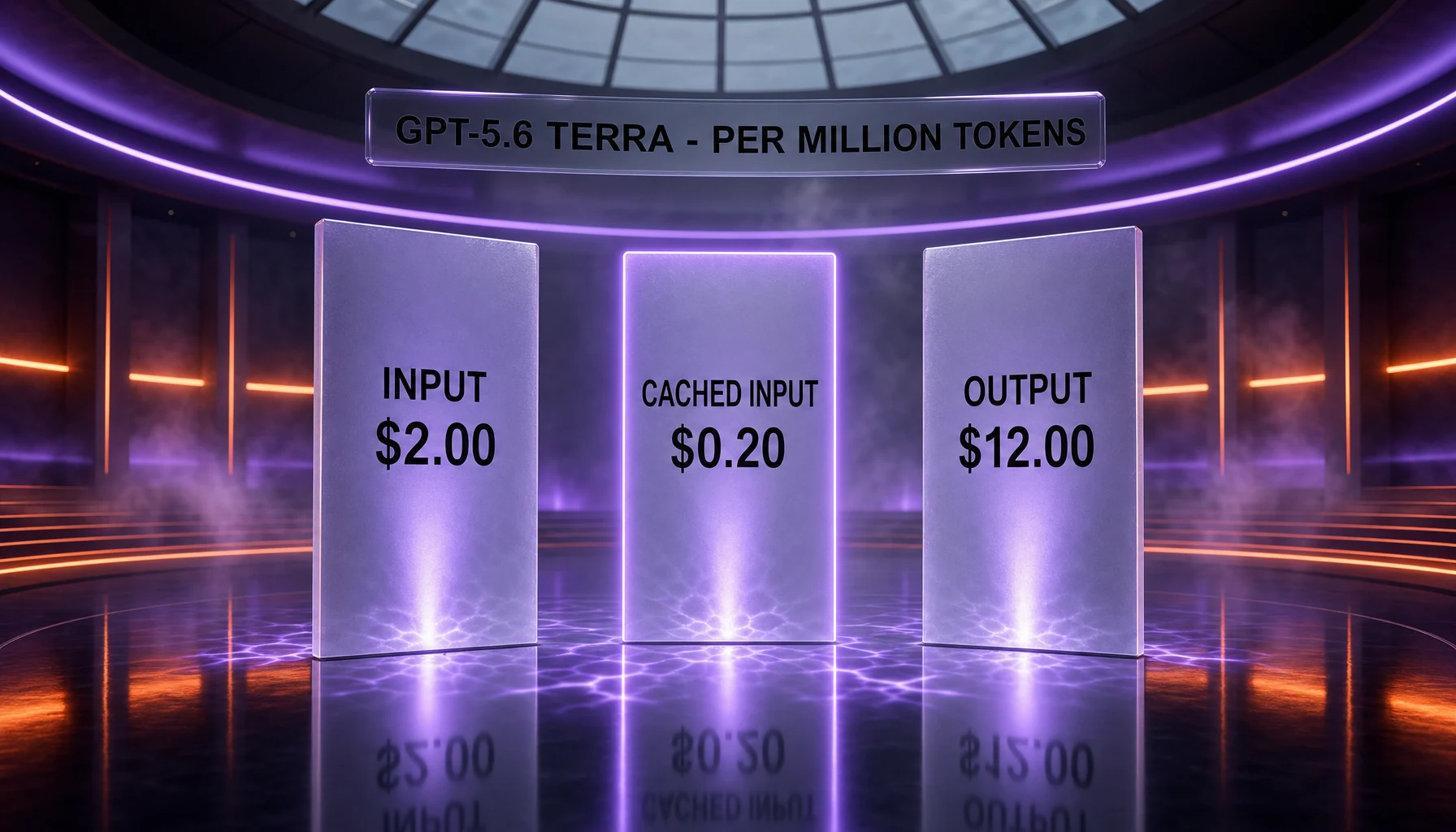 GPT-5.6 Terra pricing — 2 dollars input and 12 dollars output per million tokens, 40 percent of GPT-5.5