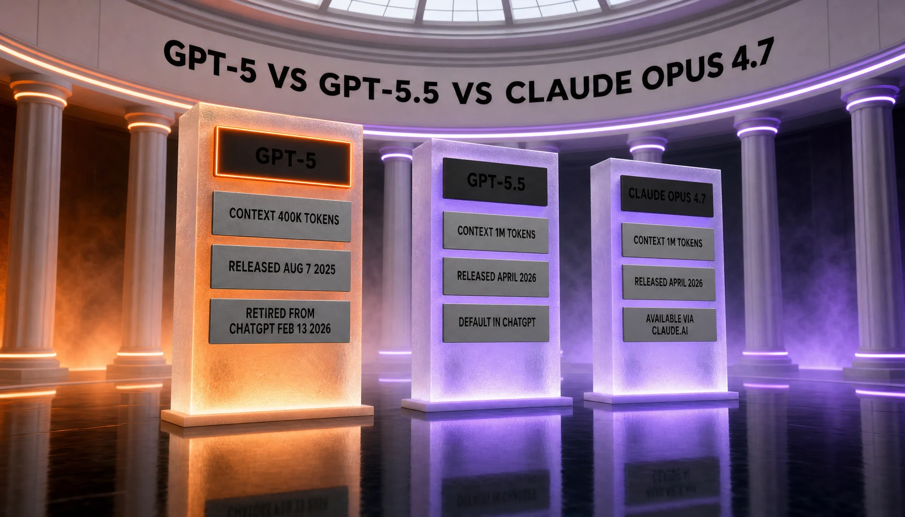 GPT-5 vs GPT-5.5 vs Claude Opus 4.7 — context window, release date and availability comparison