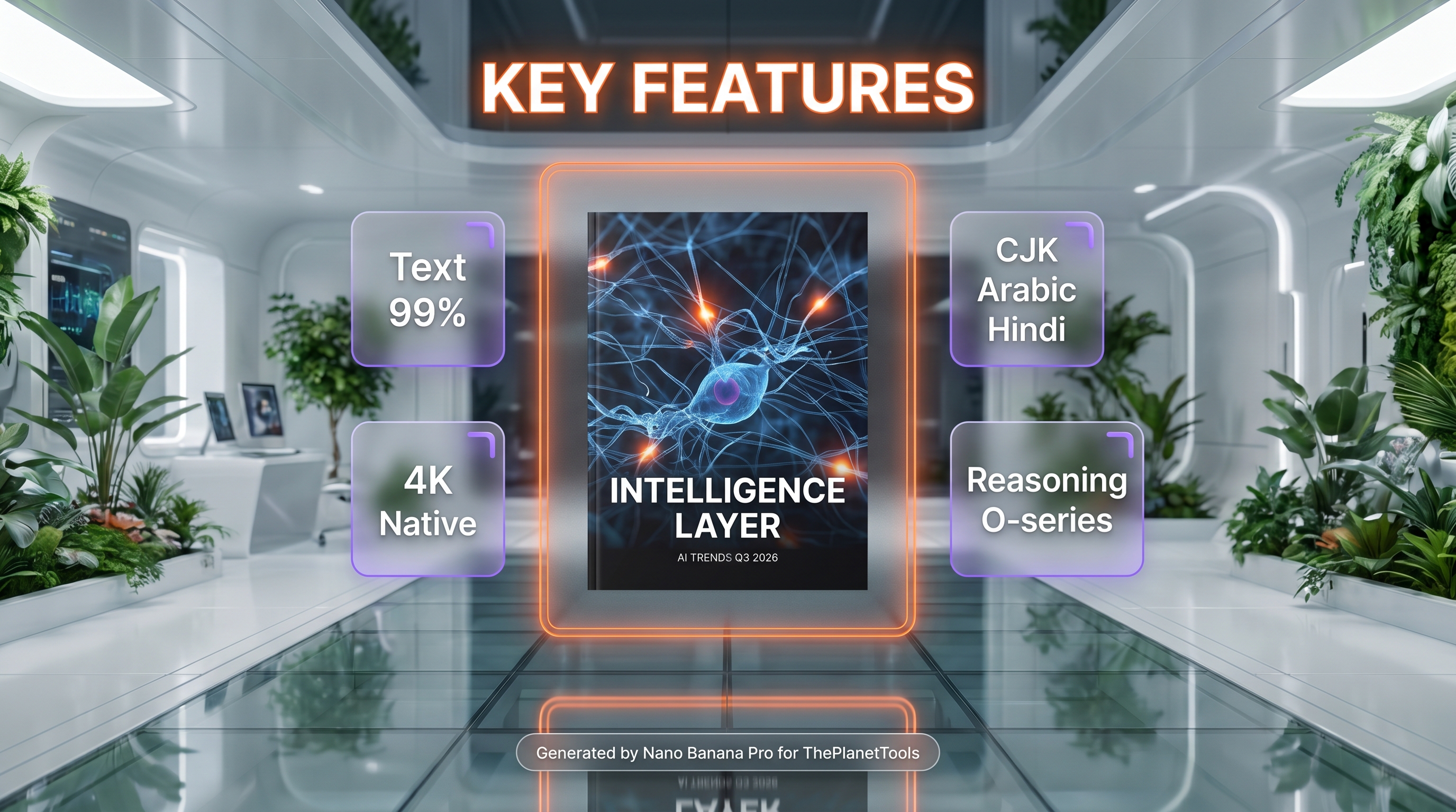 GPT Image 2 feature breakdown — 4K resolution, 99 percent text accuracy, reasoning mode, multi-script typography