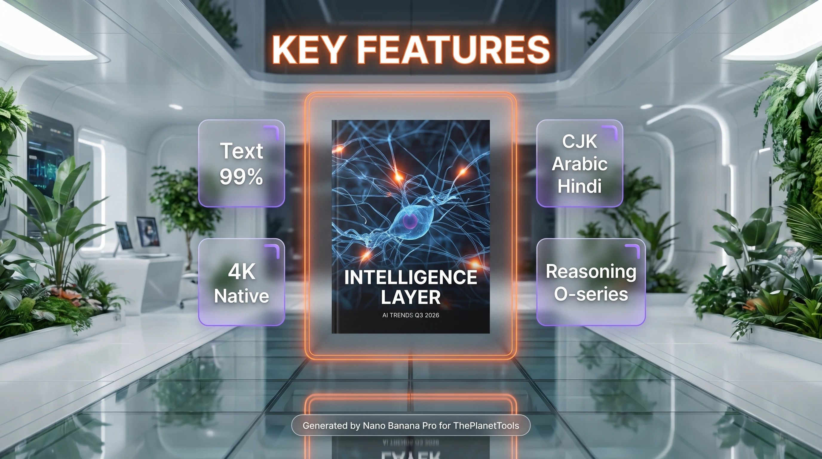 GPT Image 2 feature breakdown — 4K resolution, 99 percent text accuracy, reasoning mode, multi-script typography