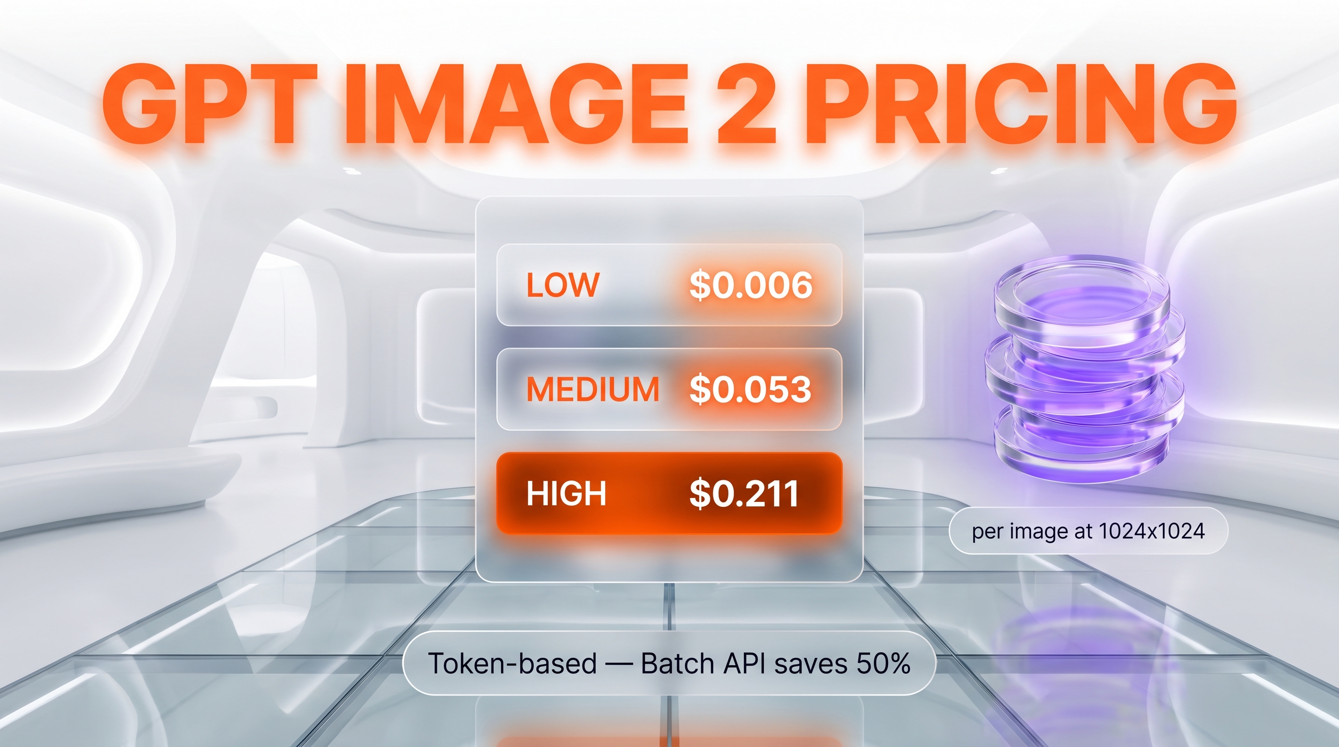 GPT Image 2 pricing chart — low 0.006, medium 0.053, high 0.211 dollars per image at 1024x1024
