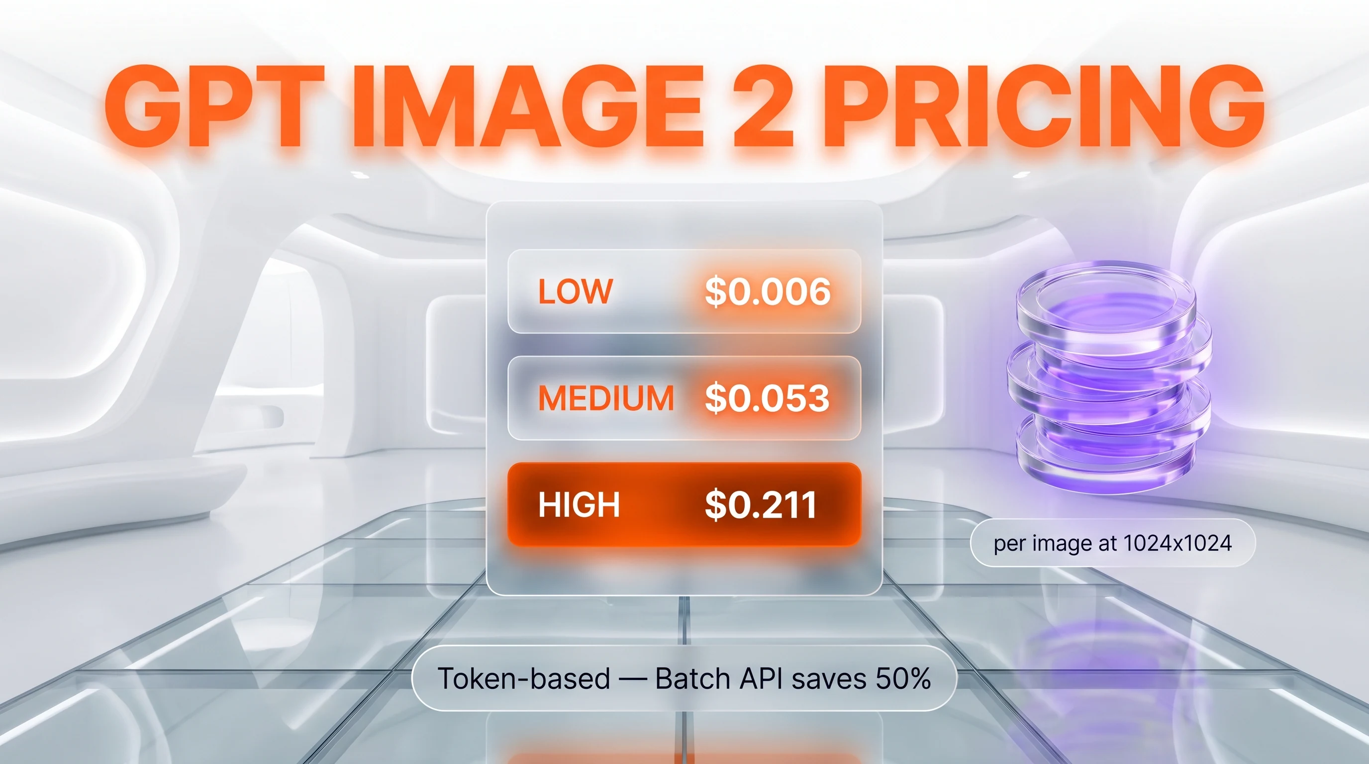 GPT Image 2 pricing chart — low 0.006, medium 0.053, high 0.211 dollars per image at 1024x1024