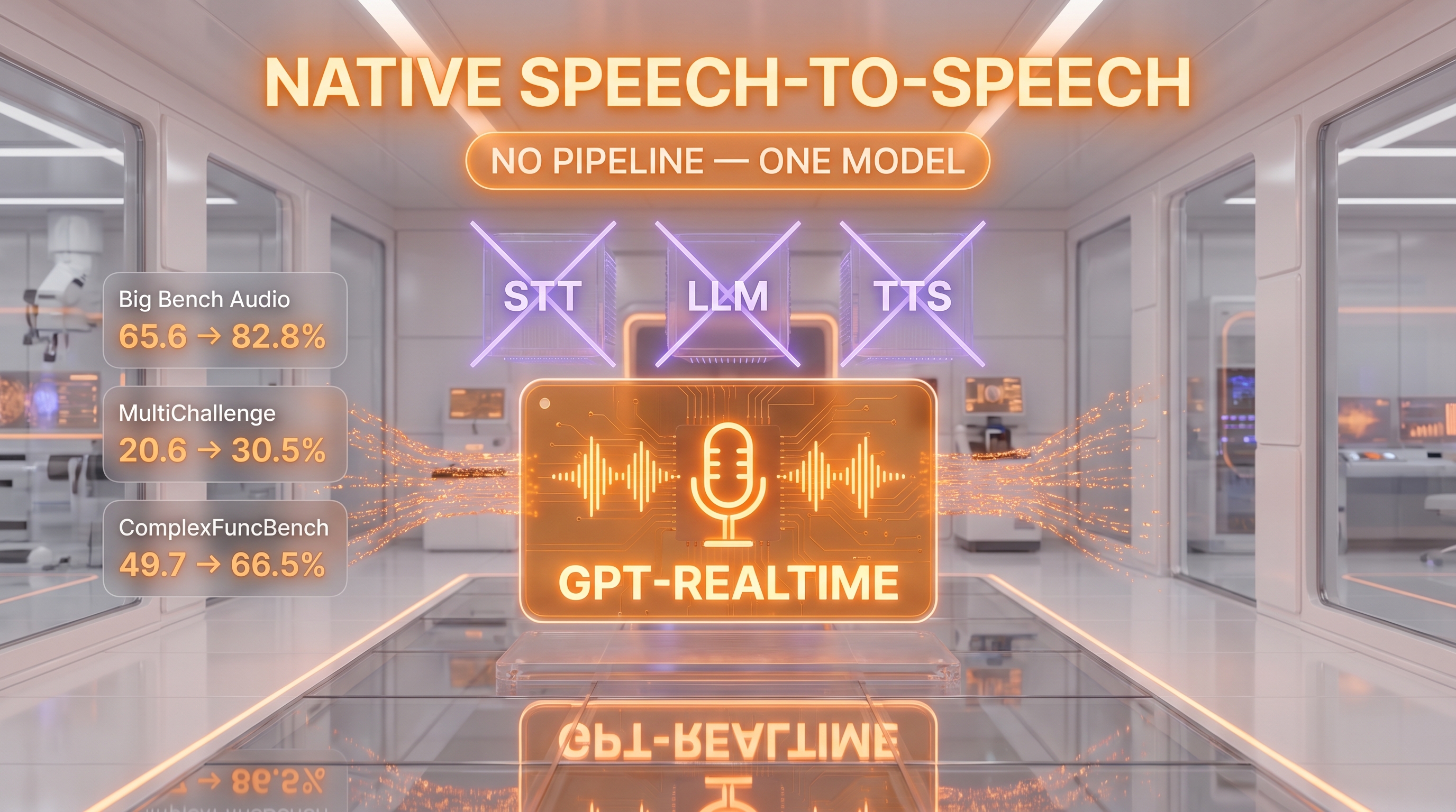 gpt-realtime architecture — speech-to-speech pipeline replaces STT plus LLM plus TTS with a single model