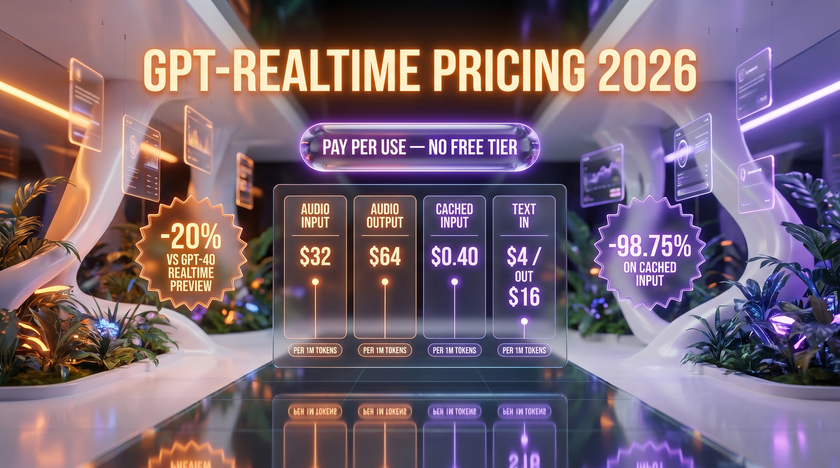 gpt-realtime pricing 2026 — $32 audio input, $64 audio output, $0.40 cached, $4 text input, $16 text output per 1M tokens