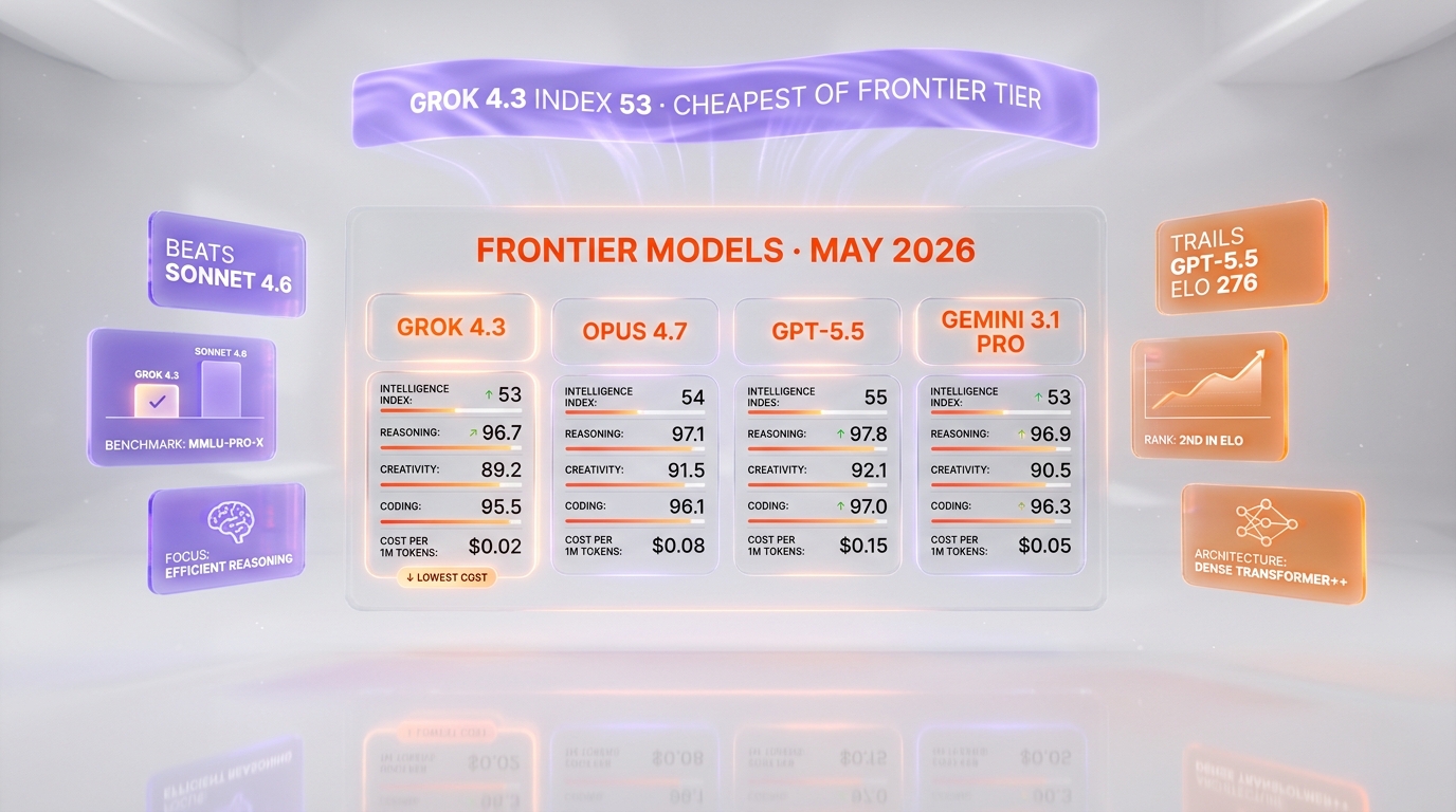 Comparison panel of frontier AI models in May 2026 — Grok 4.3 Intelligence Index 53, Opus 4.7, GPT-5.5, Gemini 3.1 Pro
