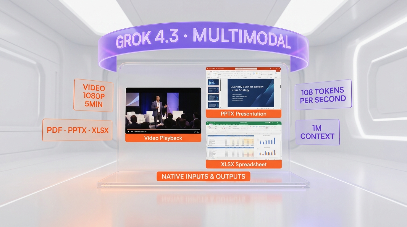 Grok 4.3 multimodal workstation showing native video input, PowerPoint slide generation, Excel spreadsheets, 1M context window and 108 tokens per second output speed