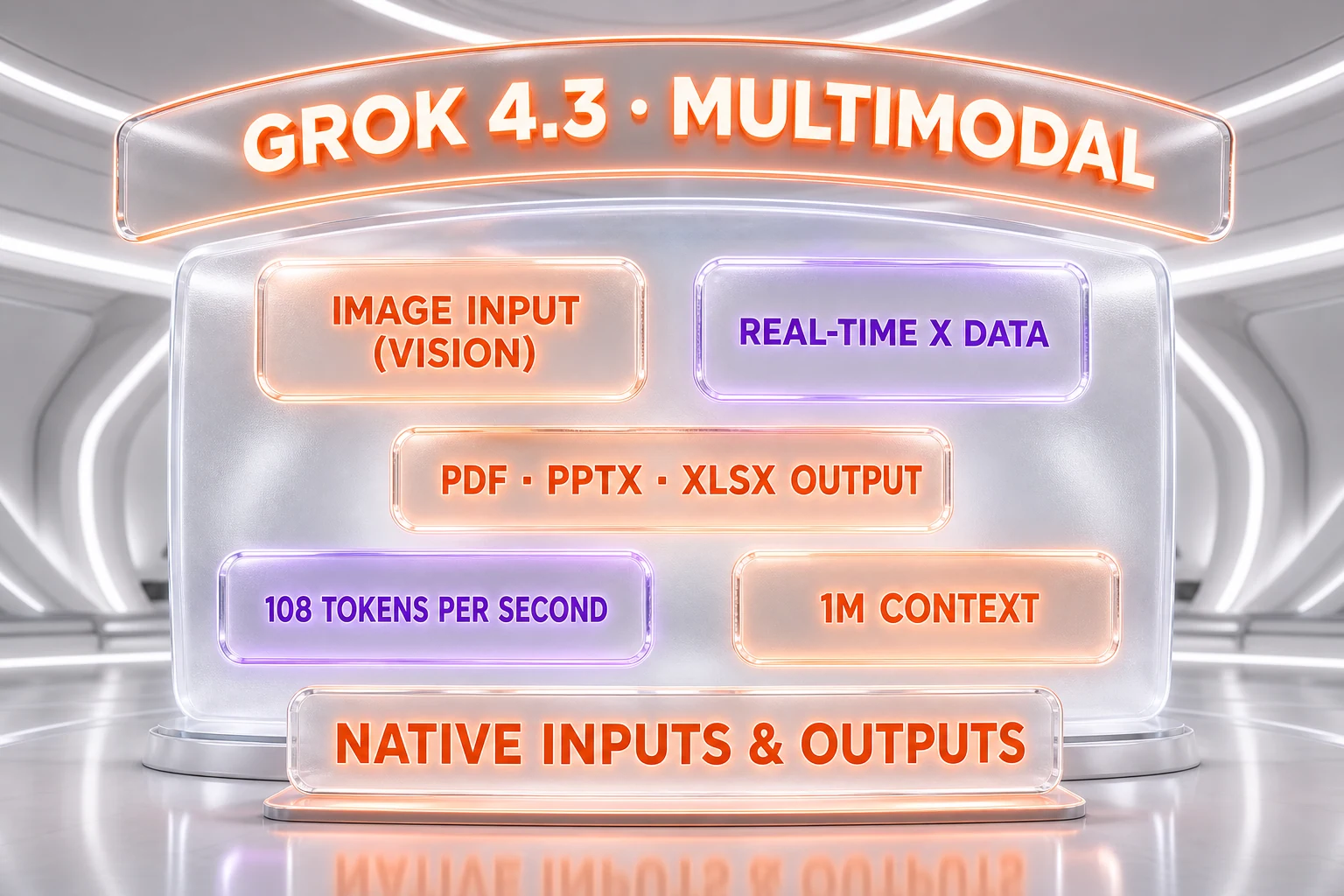 Grok 4.3 multimodal workstation showing image input vision, real-time X data access, PowerPoint slide generation, Excel spreadsheets and 1M context window