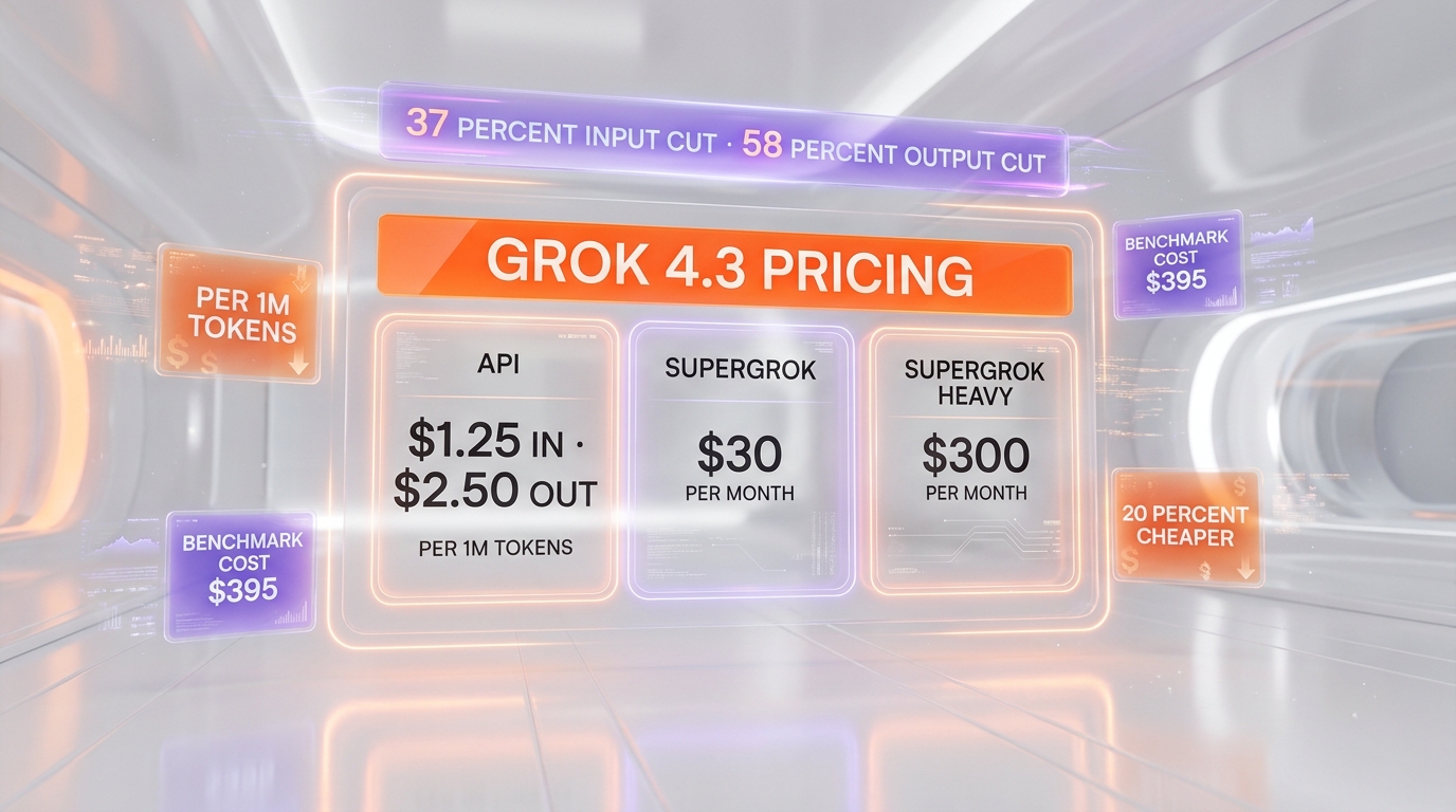 Grok 4.3 pricing table — $1.25 per 1M input tokens, $2.50 per 1M output tokens, SuperGrok $30 per month, SuperGrok Heavy $300 per month
