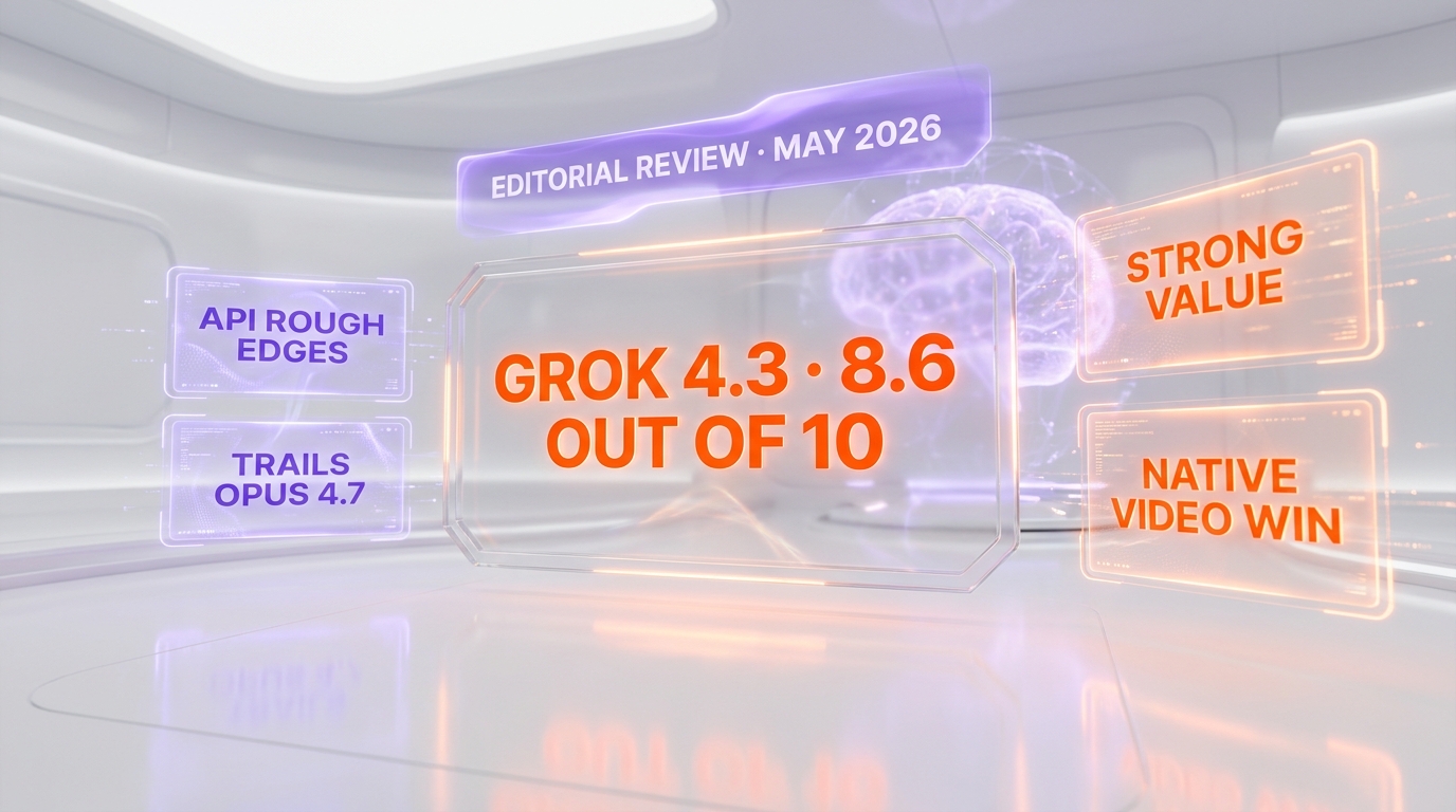 Grok 4.3 final editorial verdict score 8.6 out of 10 — strong value, native video win, API rough edges, trails Opus 4.7