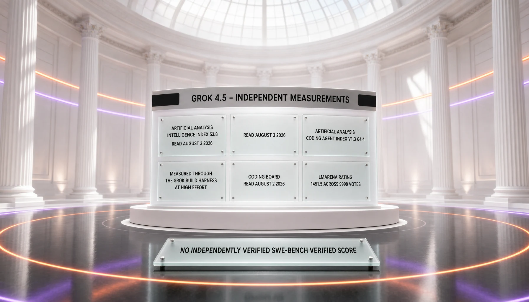 Grok 4.5 independent measurements — Artificial Analysis Intelligence Index 53.8 read August 3, 2026; Artificial Analysis Coding Agent Index v1.3 at 64.4, measured through the Grok Build harness at high reasoning effort, coding board read August 2, 2026; LMArena rating 1451.5 across 9,998 votes; and no independently verified SWE-bench Verified score