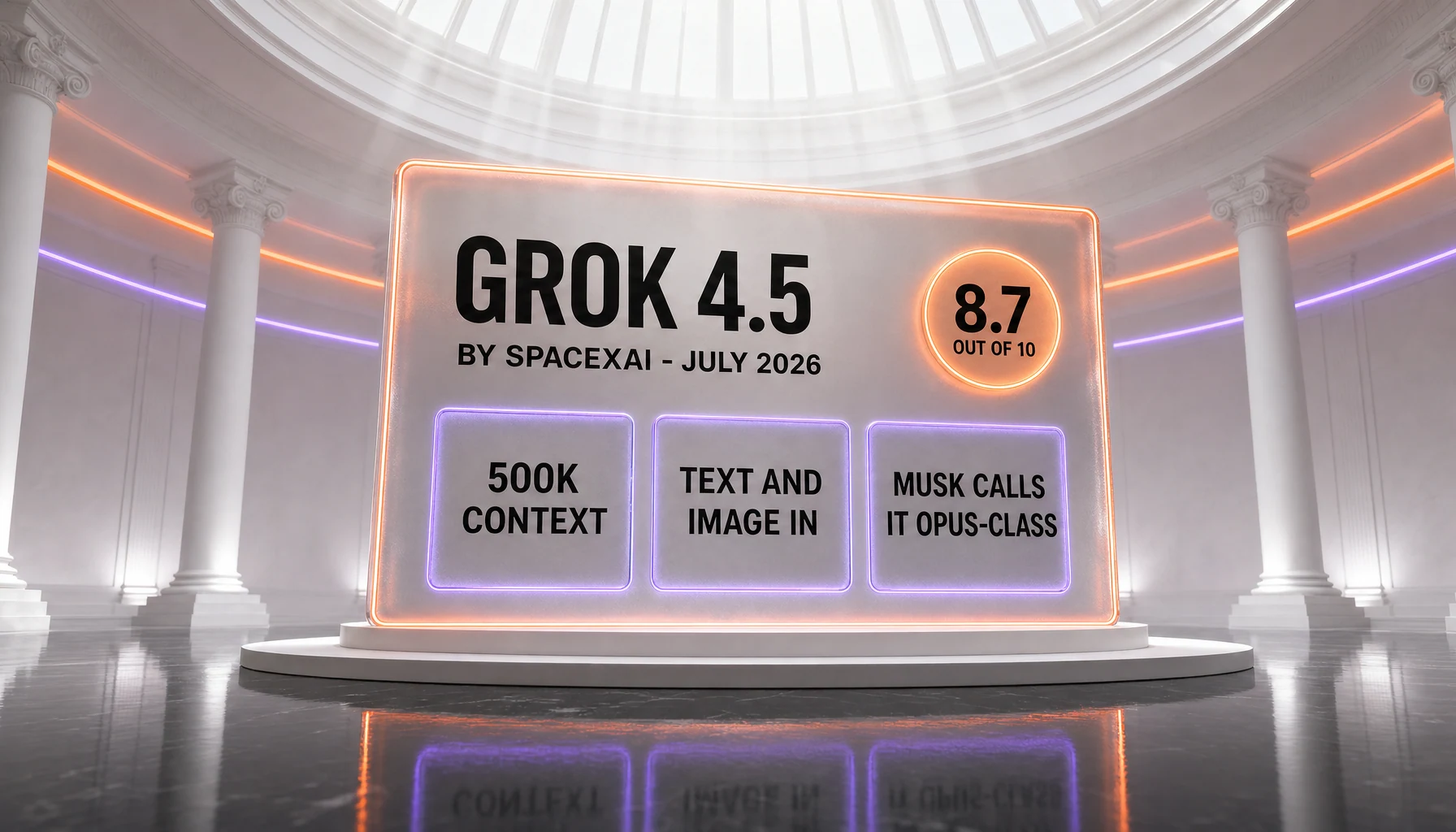Grok 4.5 review cover — card reading Grok 4.5 by SpaceXAI, July 2026, scored 8.7 out of 10, with 500K context, text and image input, and Musk's "Opus-class" description