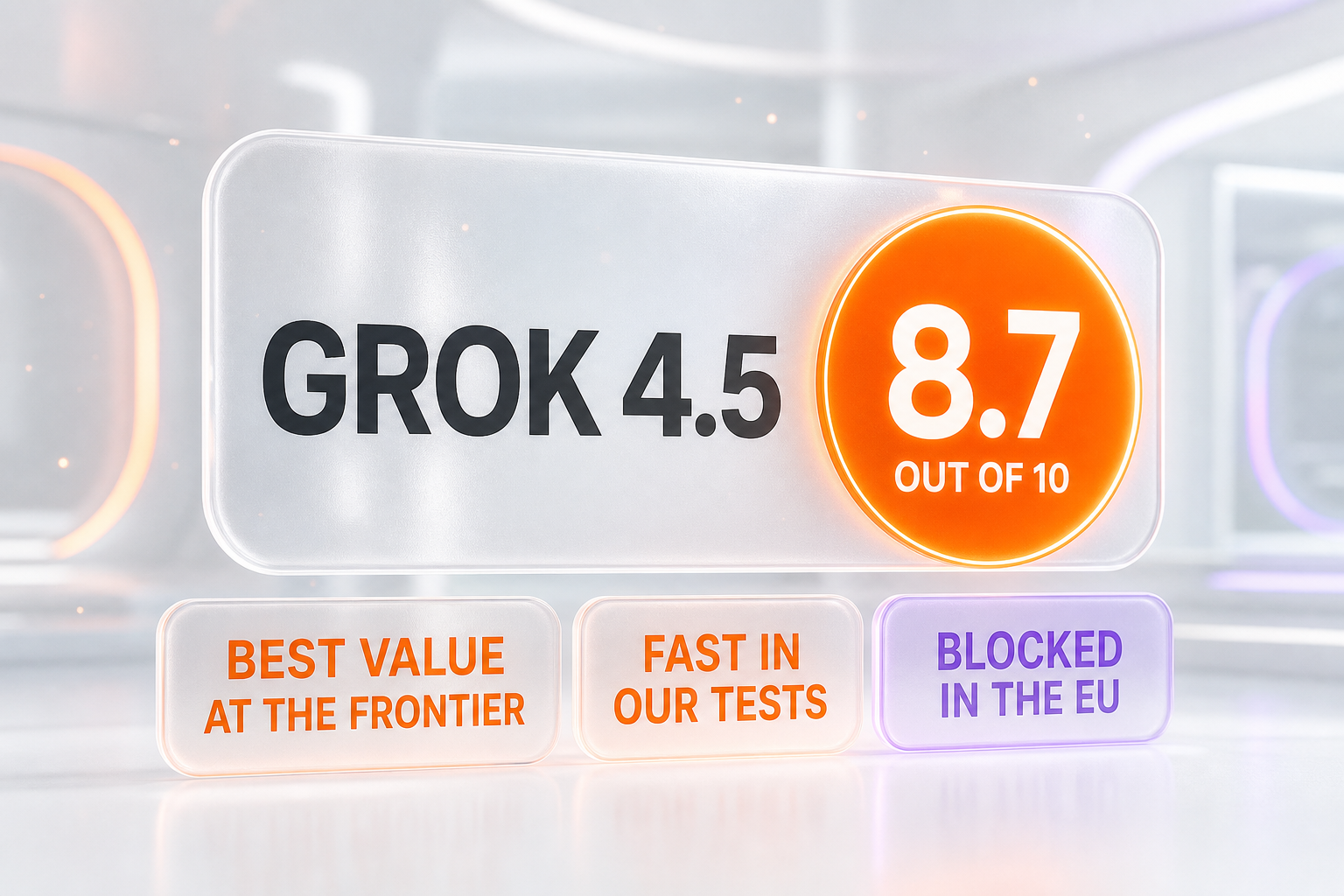 Grok 4.5 final verdict — score 8.7 out of 10, strongest value at the frontier tier, fast and correct in early testing, held back by hallucination rate and EU block