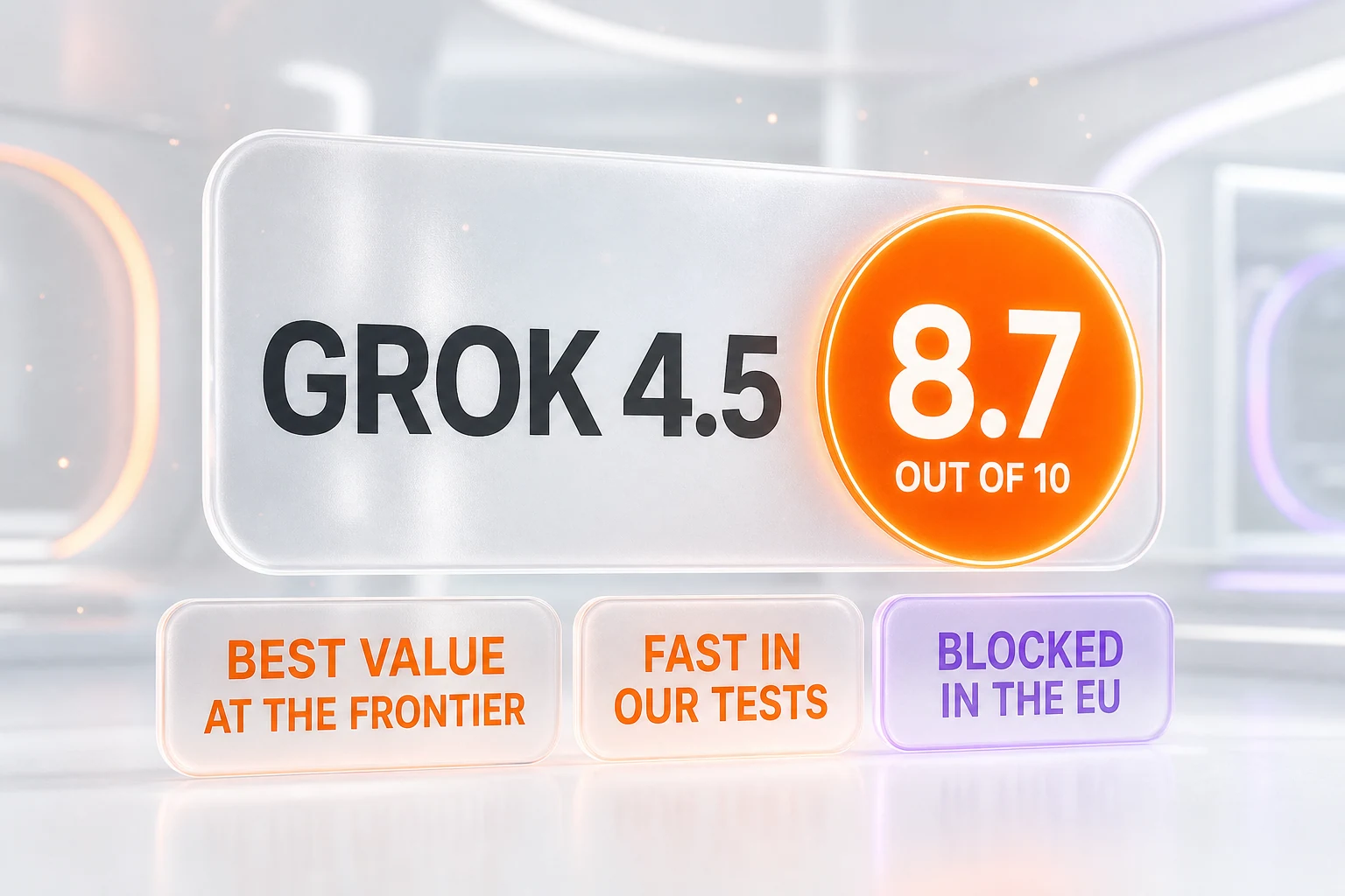 Grok 4.5 final verdict — score 8.7 out of 10, strongest value at the frontier tier, fast and correct in early testing, held back by hallucination rate and EU block
