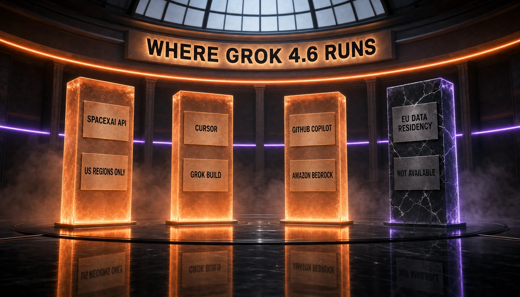 Where Grok 4.6 runs: the SpaceXAI API in US regions only, Cursor and Grok Build, GitHub Copilot and Amazon Bedrock, with EU data residency not available