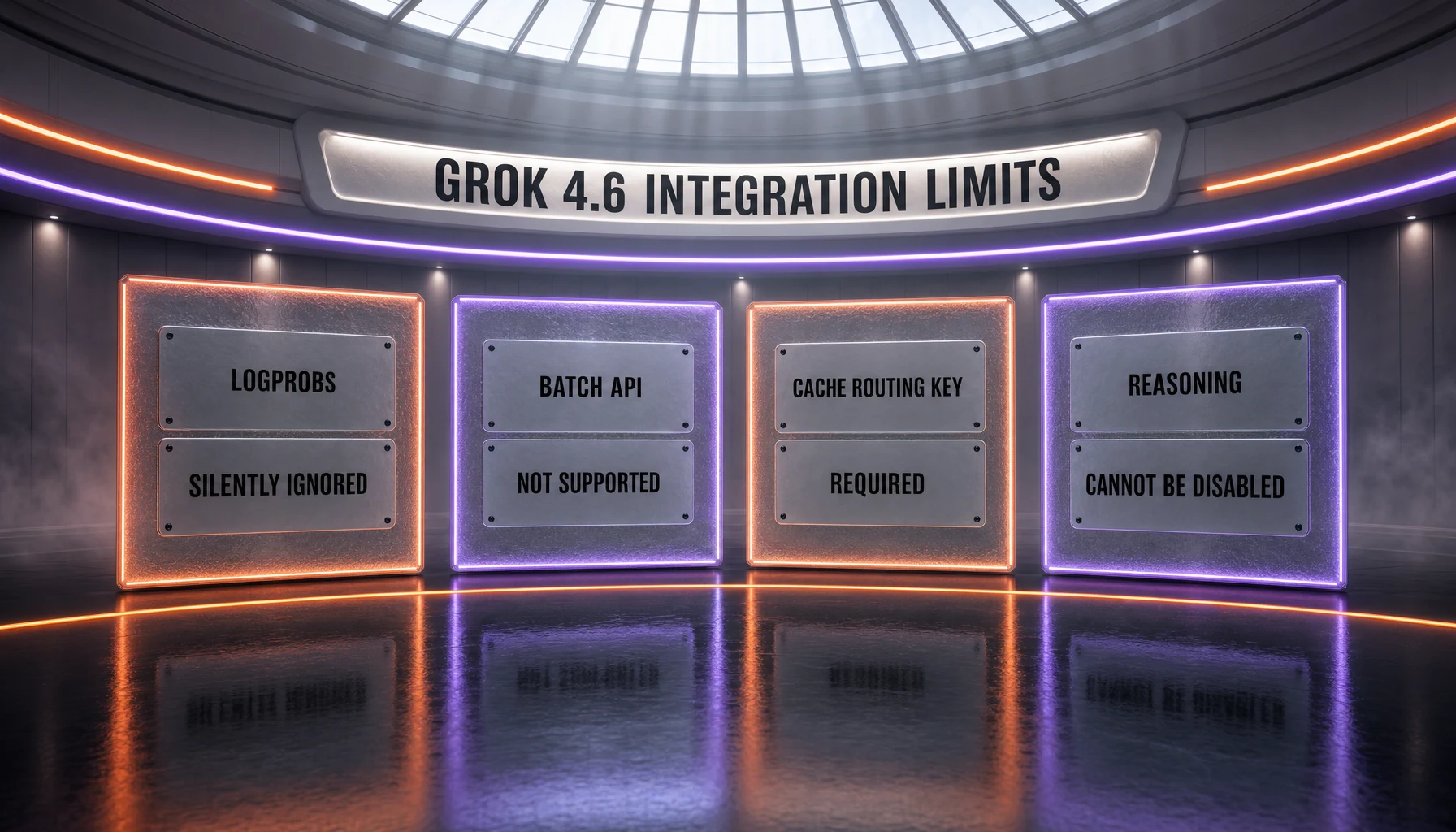 Four Grok 4.6 integration limits: logprobs silently ignored, no Batch API, cache routing key required, and reasoning that cannot be disabled