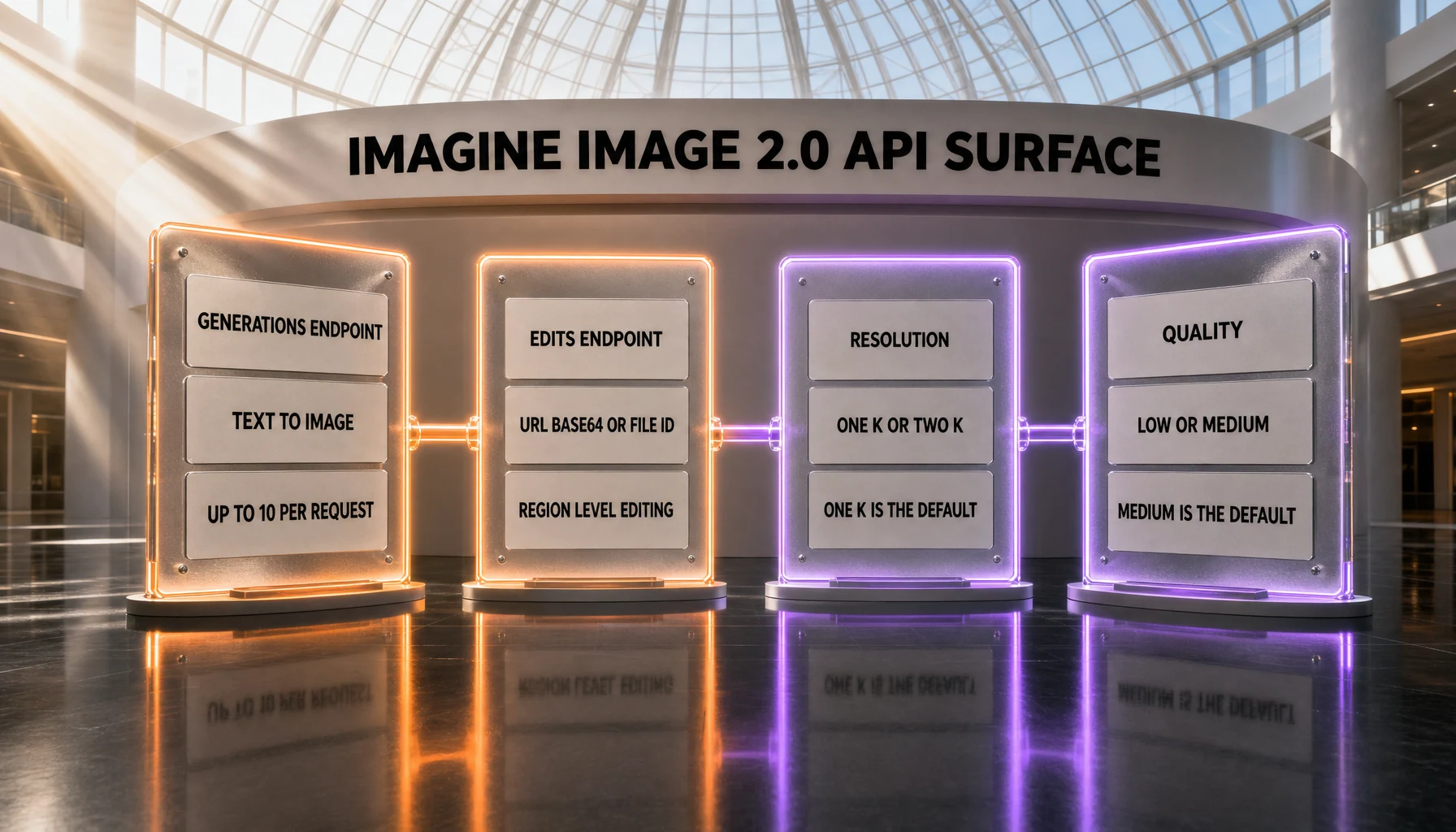 The documented API surface of Grok Imagine Image 2.0: a generations endpoint and an edits endpoint, a resolution parameter defaulting to 1K, and a quality parameter defaulting to medium