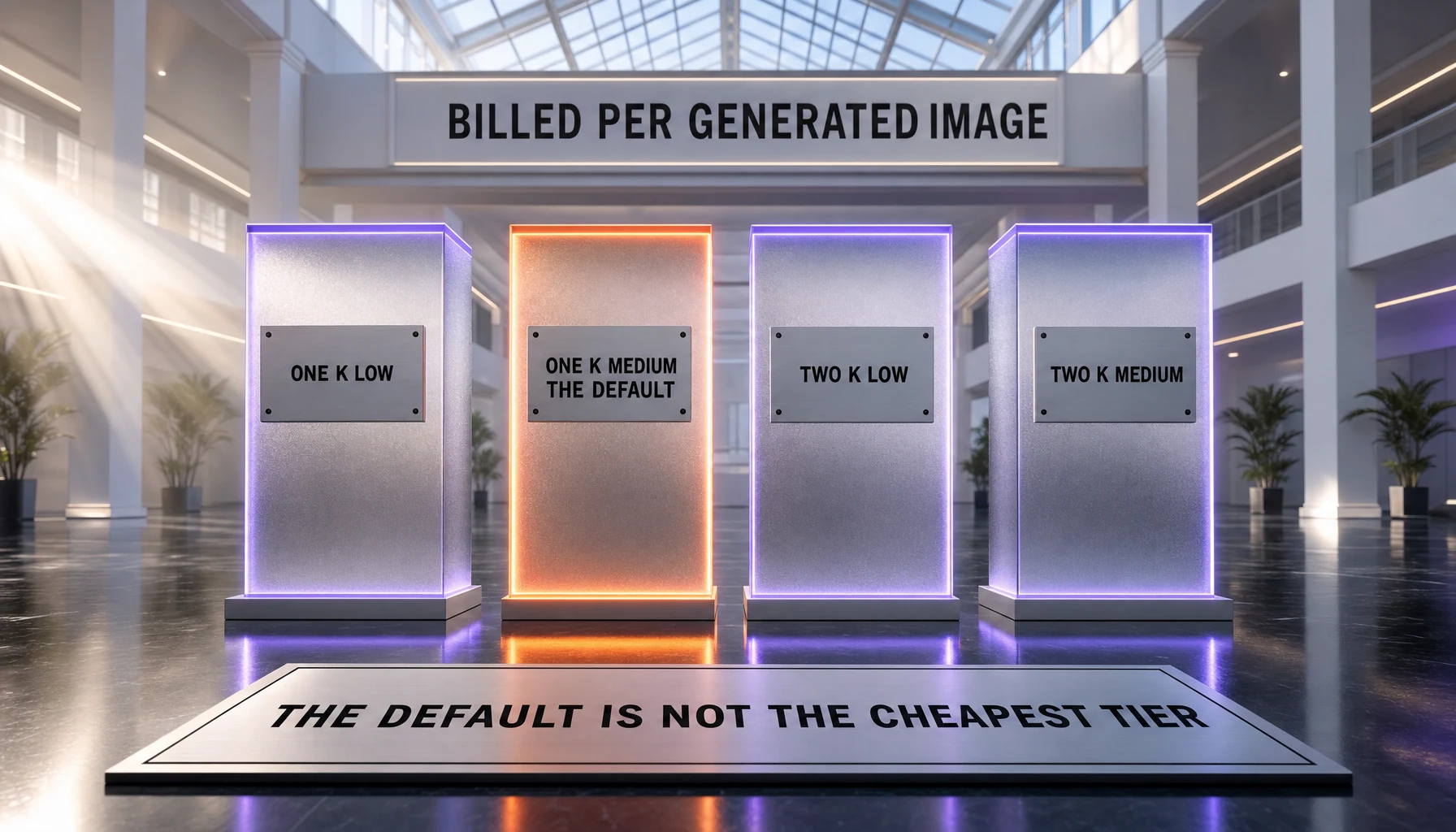 The four output tiers of Grok Imagine Image 2.0, one for each pairing of resolution and quality, with the default configuration highlighted and shown not to be the cheapest tier