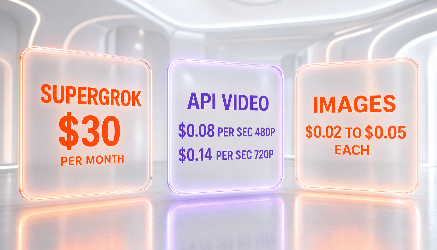 Grok Imagine pricing as glassmorphism cards: SuperGrok 30 dollars per month, API video 8 cents per second at 480p and 14 cents per second at 720p, images 2 to 5 cents each