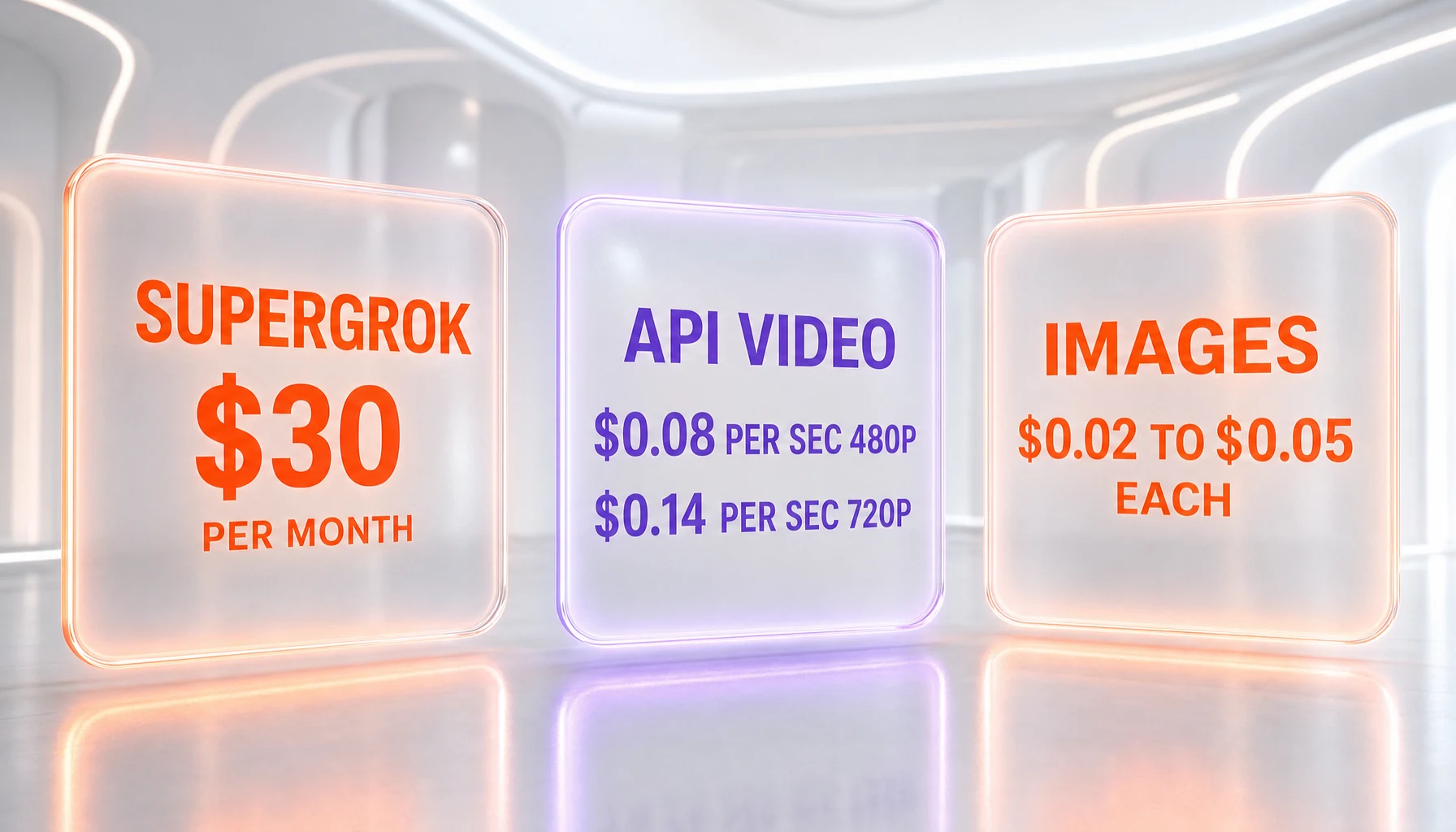 Grok Imagine pricing as published in June 2026, shown as glassmorphism cards: SuperGrok 30 dollars per month, API video 8 cents per second at 480p and 14 cents per second at 720p, images 2 to 5 cents each