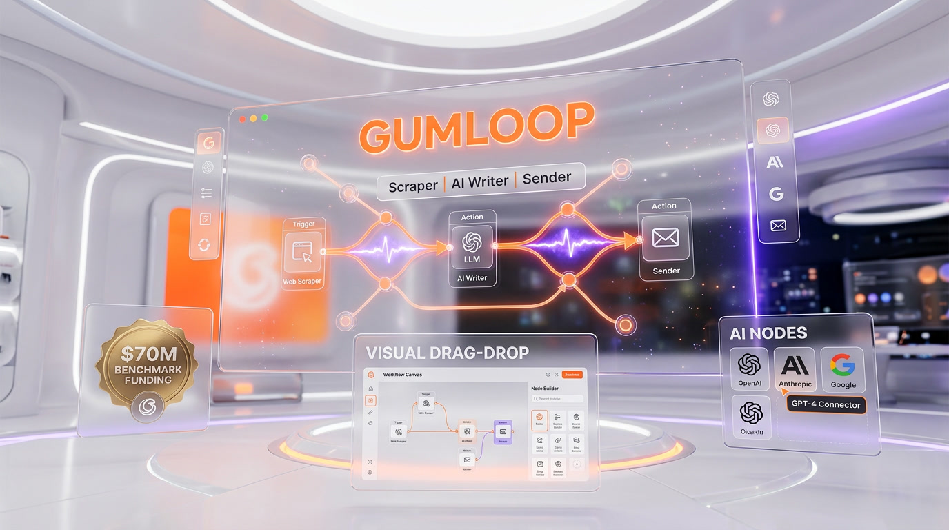 Gumloop visual canvas — drag-and-drop nodes connecting Slack, Gmail, Claude and Airtable in a lead-enrichment workflow