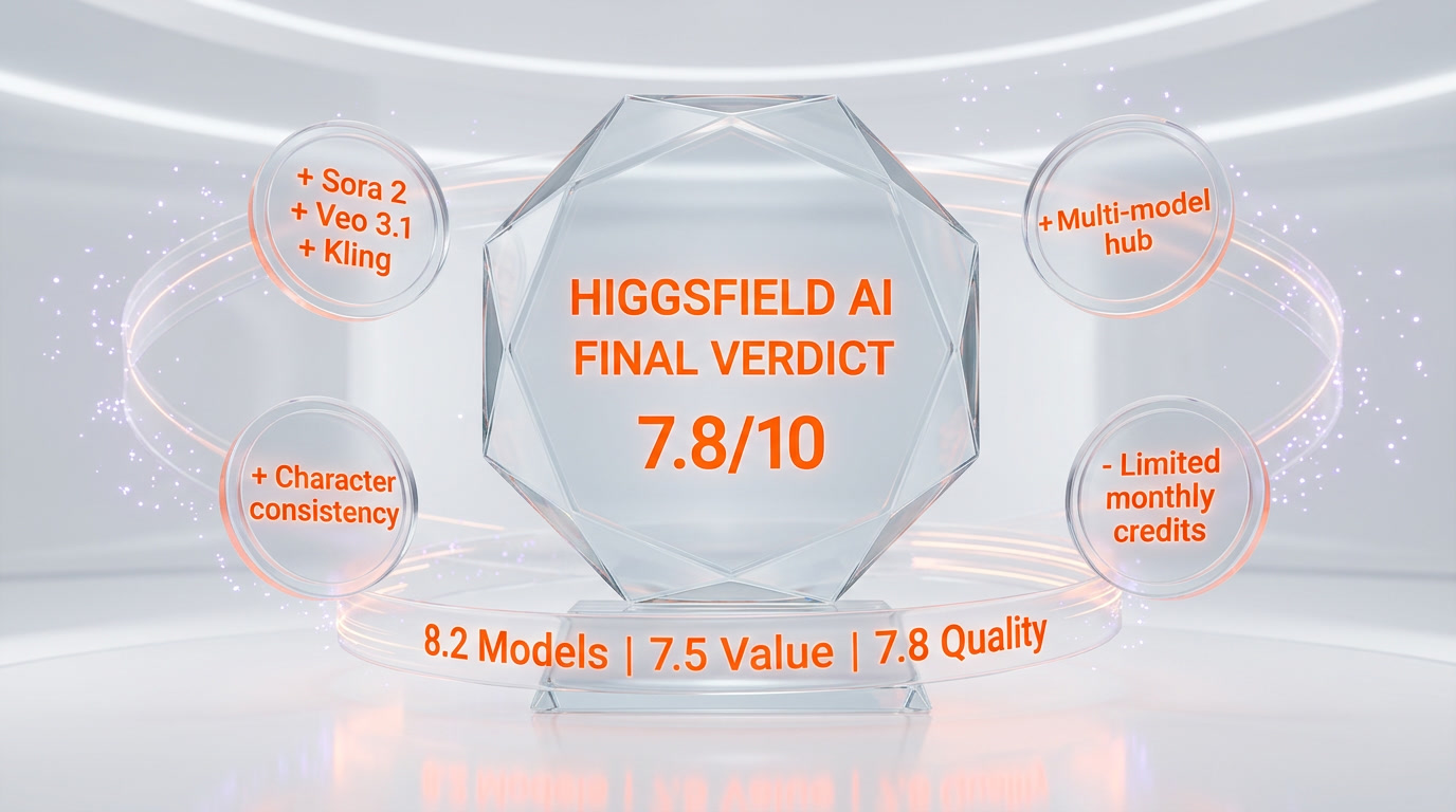 Higgsfield AI verdict — 7.8 out of 10 from ThePlanetTools. Killer feature stack, spicy credit math.