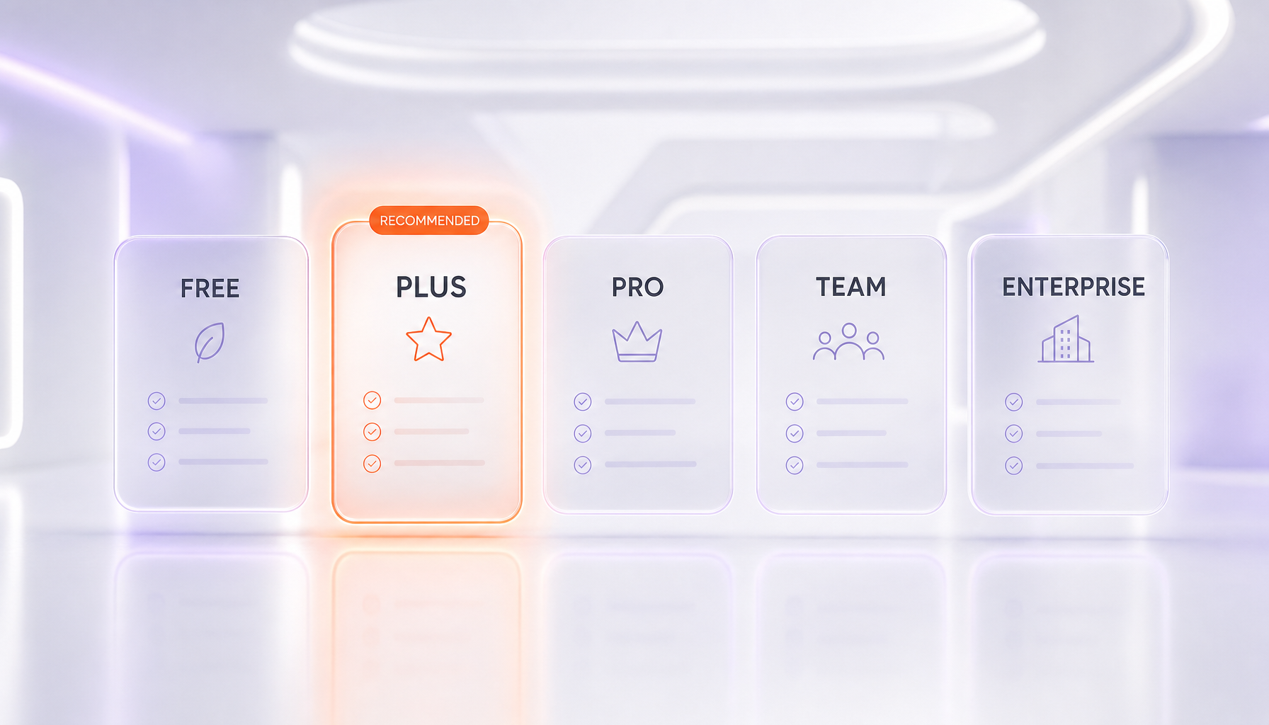 Ideogram 4.0 pricing 2026 — Free, Plus, Pro, Team, and Enterprise plans on floating glass cards