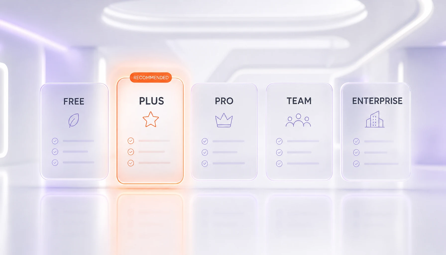 Ideogram 4.0 pricing 2026 — Free, Plus, Pro, Team, and Enterprise plans on floating glass cards