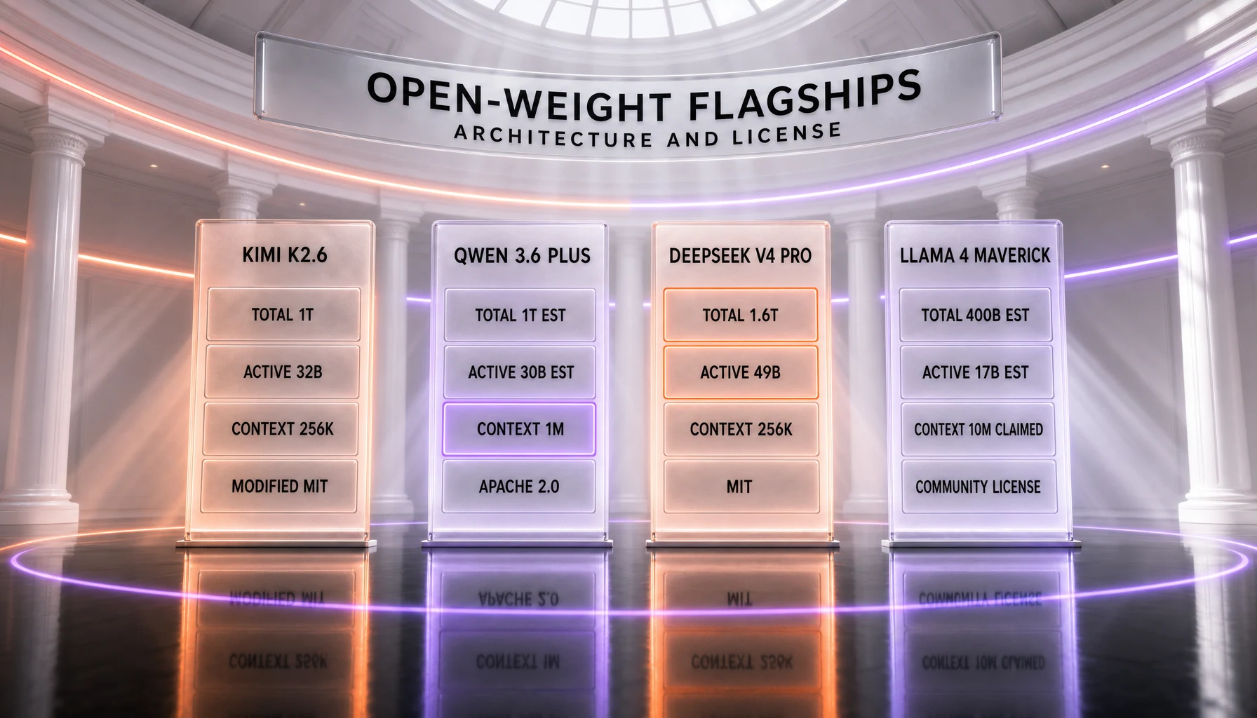 Open-weight flagships compared on architecture and license — Kimi K2.6 (1T total, 32B active, 256K context, Modified MIT), Qwen 3.6 Plus (about 1T total, 30B active, 1M context, Apache 2.0), DeepSeek V4 Pro (1.6T total, 49B active, 256K context, MIT) and Llama 4 Maverick (about 400B total, 17B active, 10M claimed context, Llama 4 Community license)