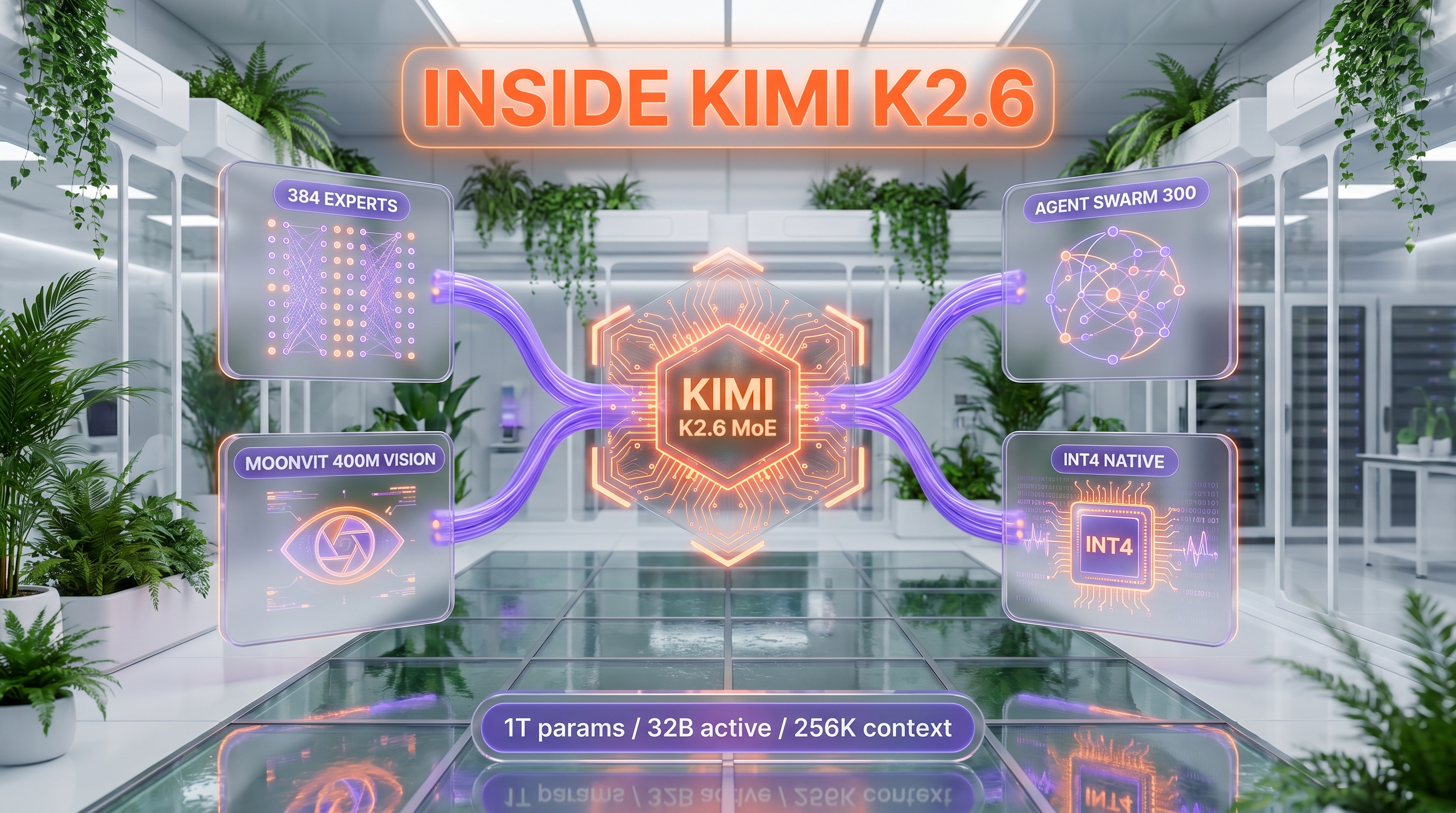 Kimi K2.6 architecture diagram — 384 experts MoE, 256K context, 300-agent swarm, MoonViT vision encoder