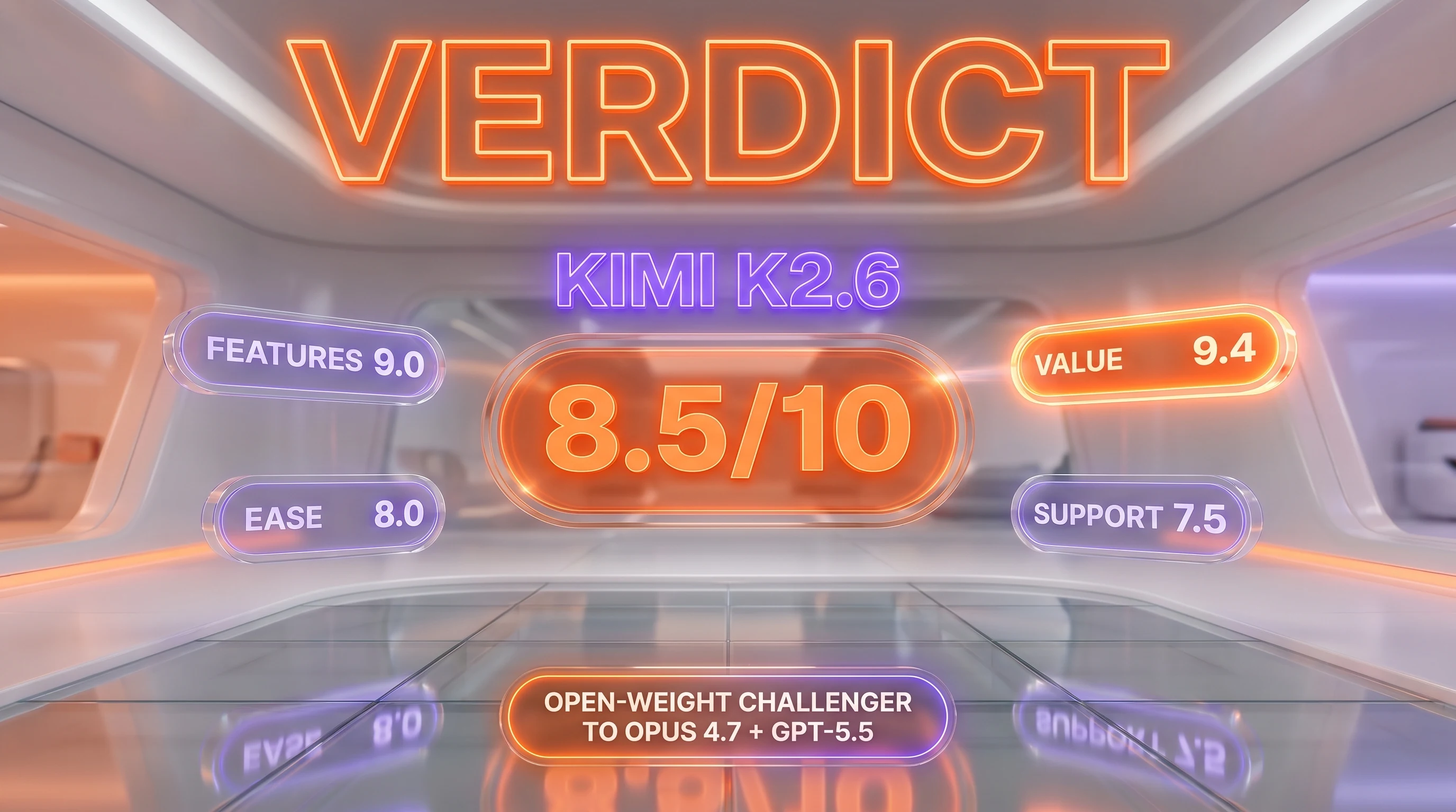 Kimi K2.6 verdict — 8.5 out of 10, open-weight 1T MoE flagship, frontier benchmarks at fraction of Western pricing