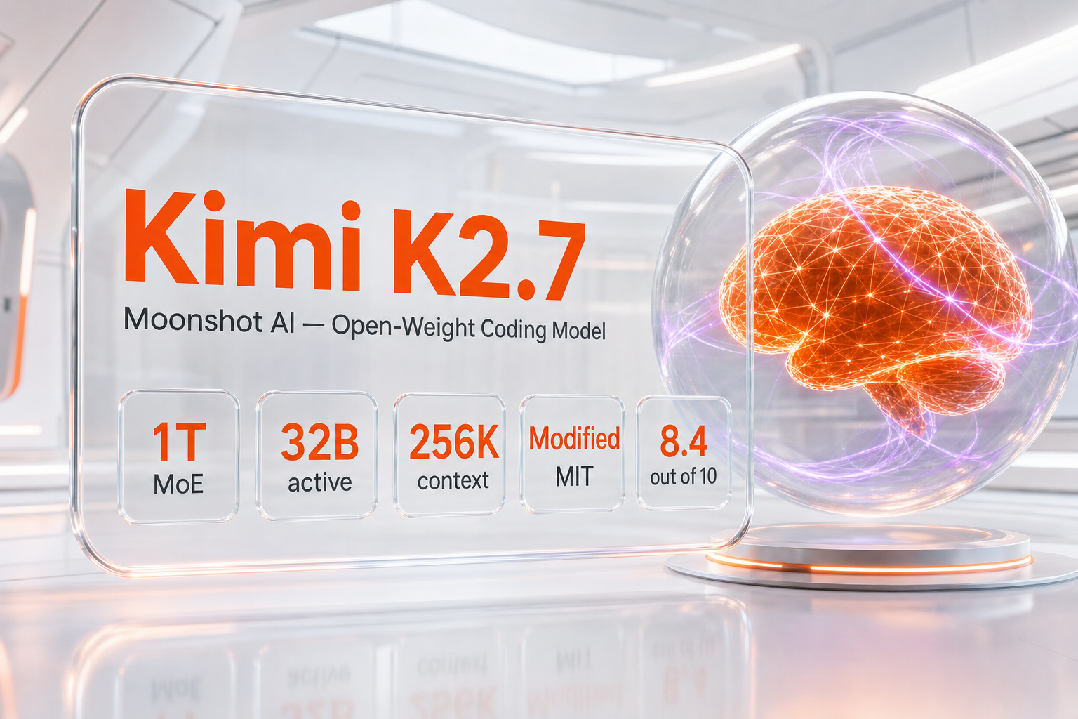 Kimi K2.7 by Moonshot AI — open-weight 1 trillion parameter MoE coding model, 256K context, metered API, glassmorphism brand visual