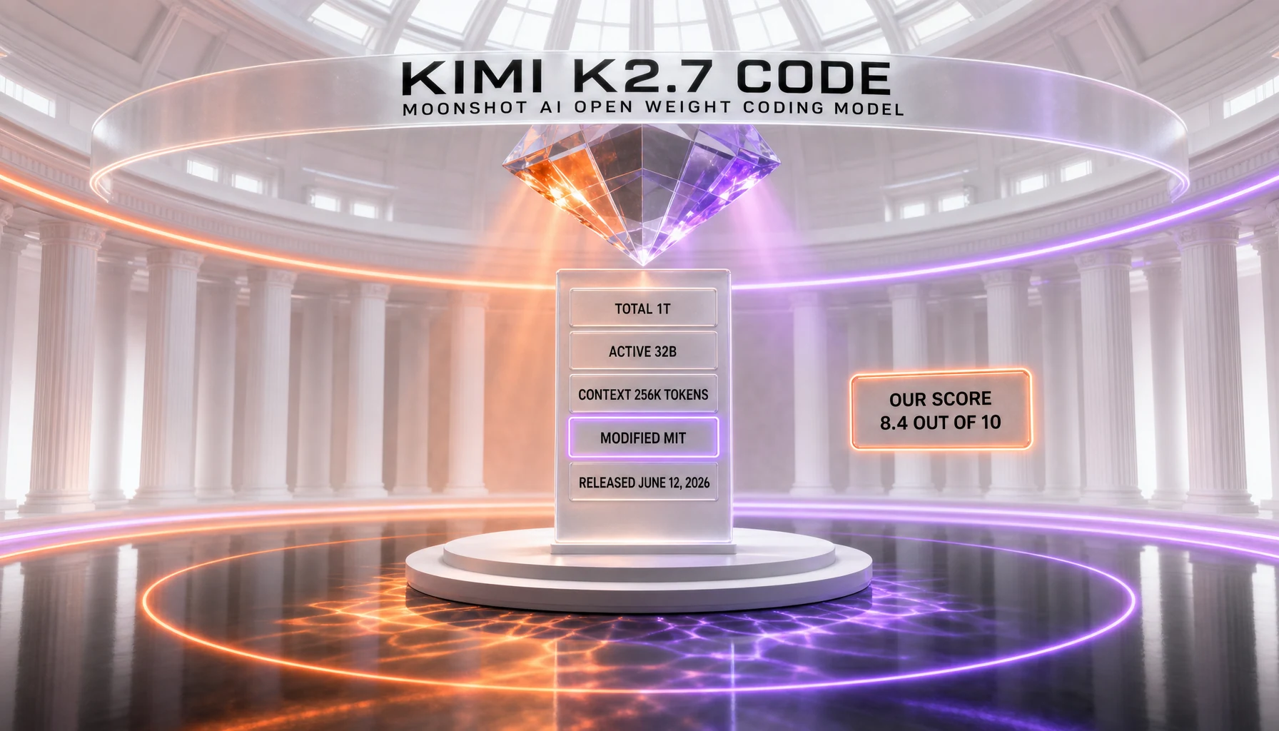 Kimi K2.7 Code by Moonshot AI — an open-weight coding model with 1 trillion total parameters, 32 billion active, a 256K-token context window and a Modified MIT license, released June 12, 2026, rated 8.4 out of 10 by ThePlanetTools.ai