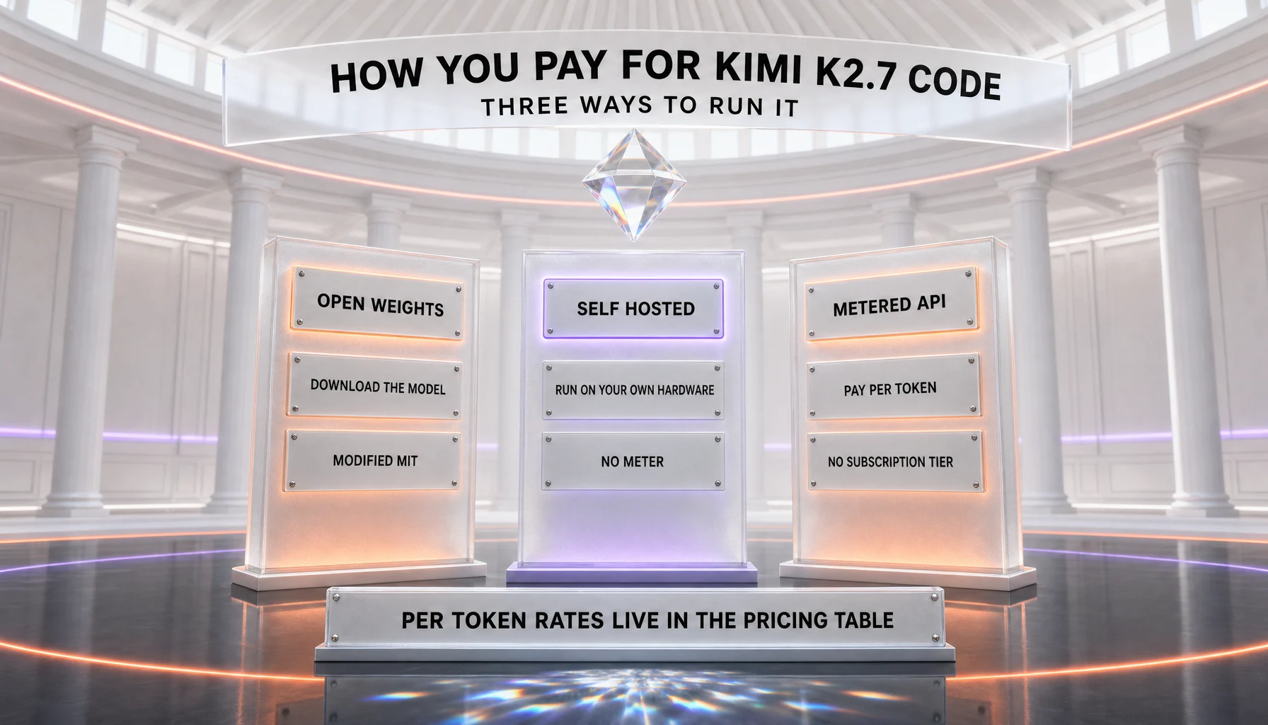 The three ways to run Kimi K2.7 Code, shown as three equal pillars — download the open weights under a Modified MIT license, self-host the model on your own hardware with no meter, or call the metered pay-per-token API with no subscription tier; the per-token rates themselves are kept in the pricing table, not in the image
