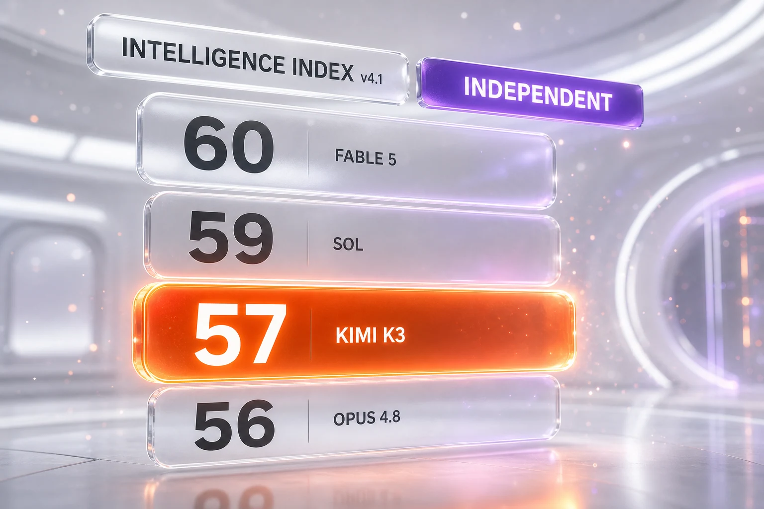 Artificial Analysis Intelligence Index v4.1 independent scores — Claude Fable 5 at 60, GPT-5.6 Sol at 59, Kimi K3 at 57, Claude Opus 4.8 at 56