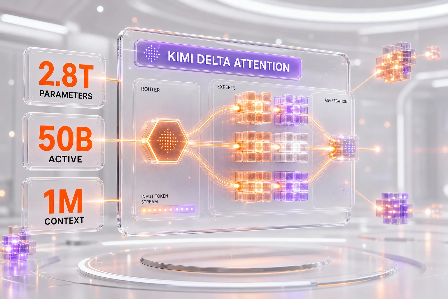 Kimi K3 architecture — 2.8 trillion parameter Mixture-of-Experts, 50 billion active per token, Kimi Delta Attention, 1 million token context window