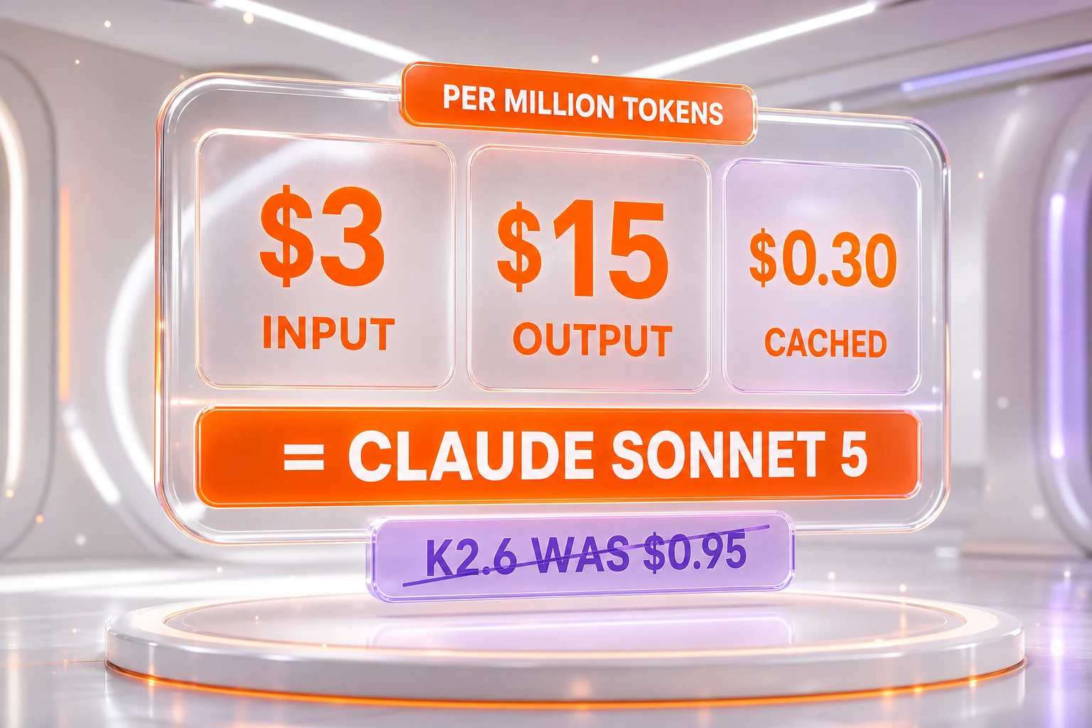 Kimi K3 pricing — 3 dollars per million input tokens, 15 dollars per million output, matching Claude Sonnet 5, up from Kimi K2.6 at 0.95 dollars