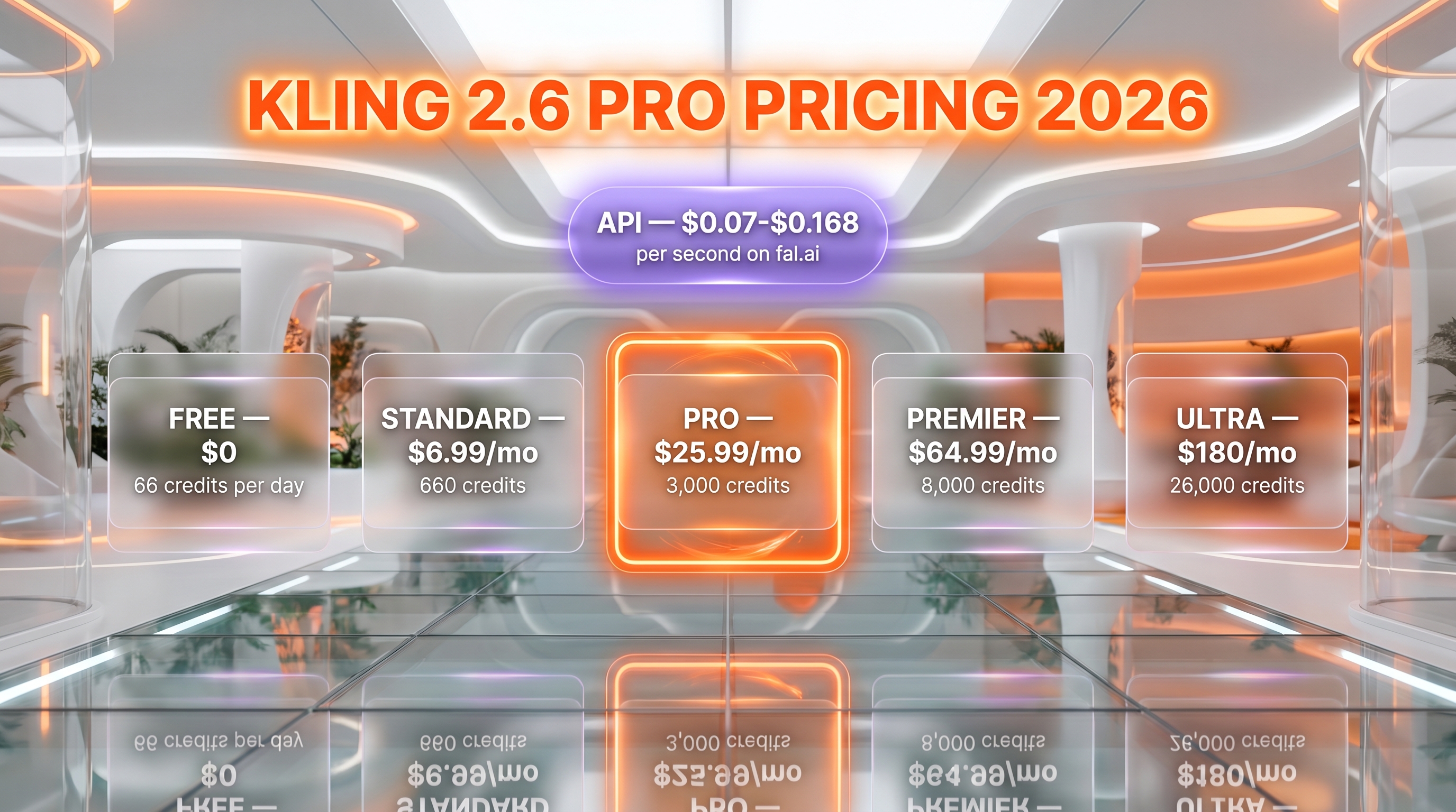 Kling 2.6 Pro pricing tiers — Free, Standard, Pro, Premier, Ultra plus API per-second rates