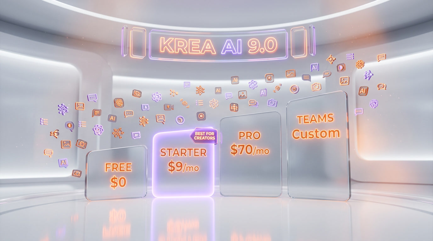 Krea AI pricing 2026 — Free, Basic 9 dollars, Pro 35 dollars, Max 70 dollars, Business 200 dollars, Enterprise custom