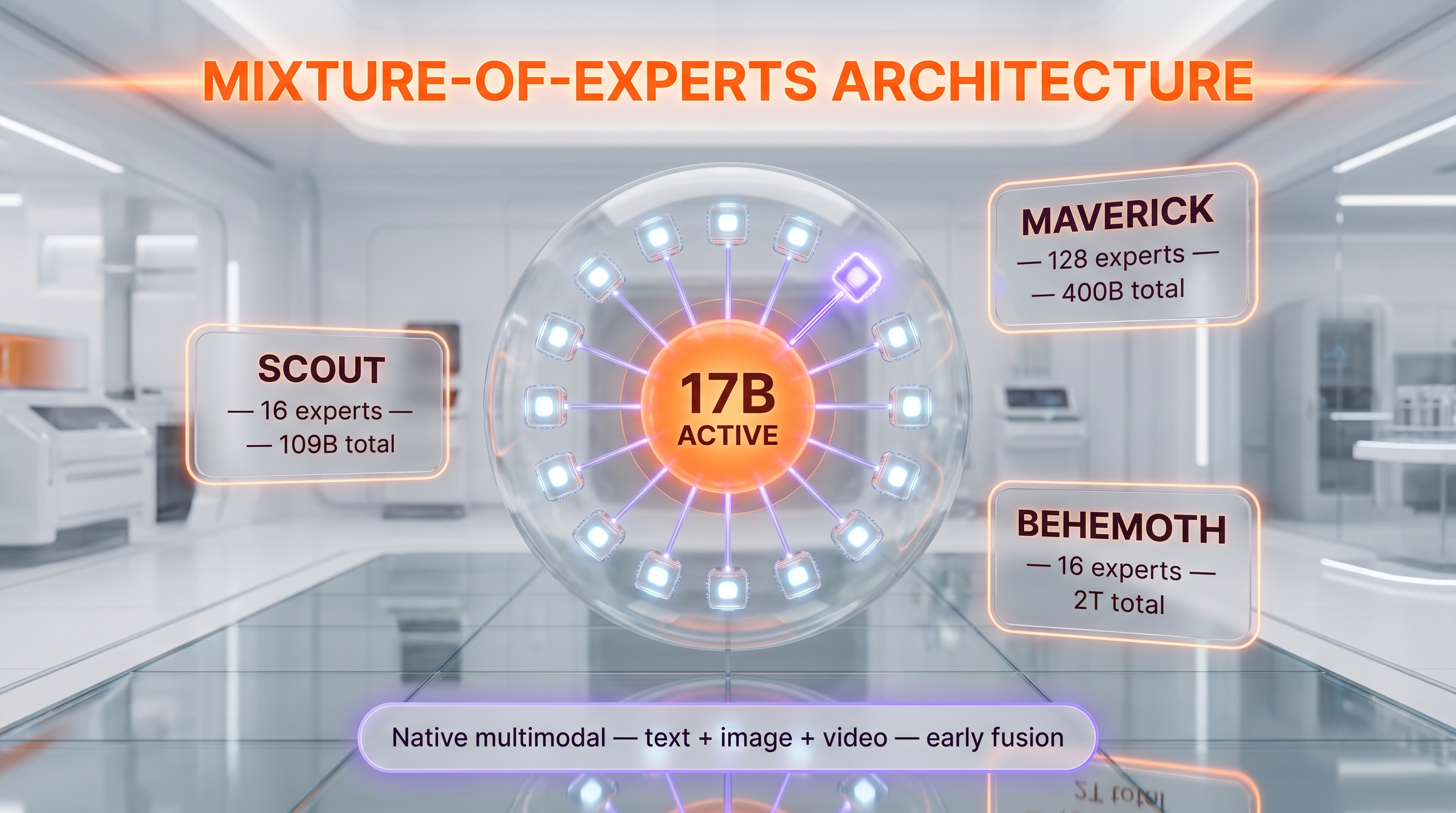 Llama 4 architecture — MoE with 17B active parameters, 16 experts (Scout) or 128 experts (Maverick), early-fusion multimodal