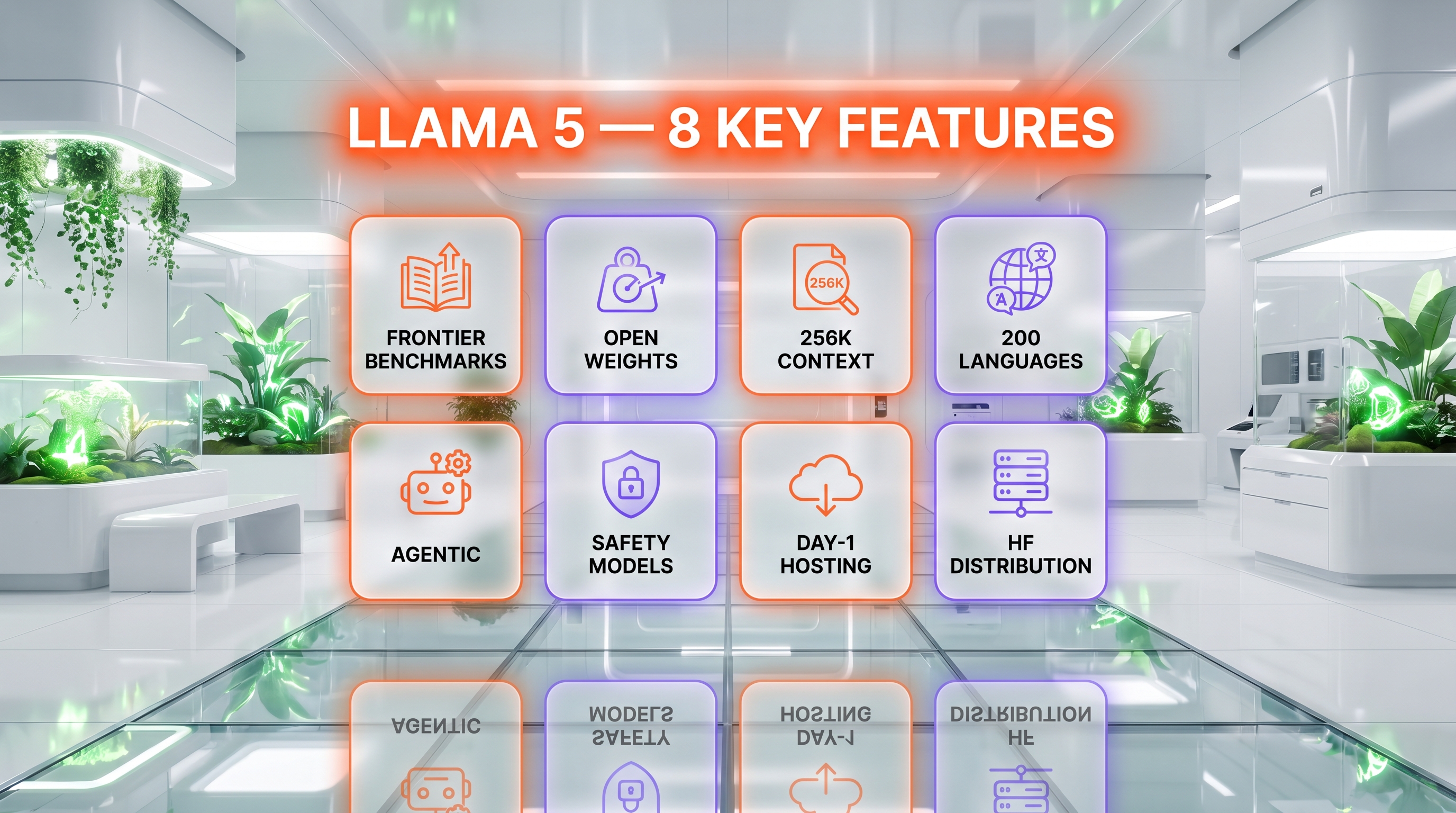 Llama 5 features — frontier benchmarks, open weights, multilingual, agentic, safety models