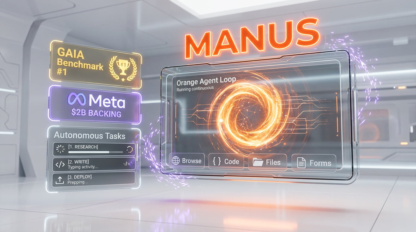 Manus autonomous agent running a multi-step task in its Linux sandbox — browser automation, Python execution and file output coordinated end-to-end