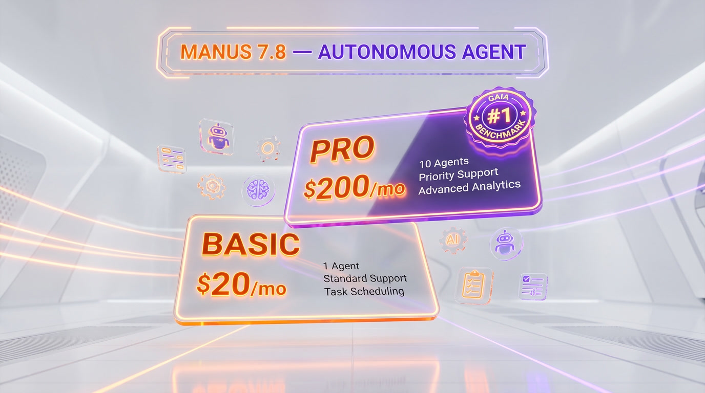 Manus autonomous agent pricing 2026 — Free, Standard 20 dollars per month, Customisable 40 dollars per month, Extended 200 dollars per month, Team 40 dollars per seat