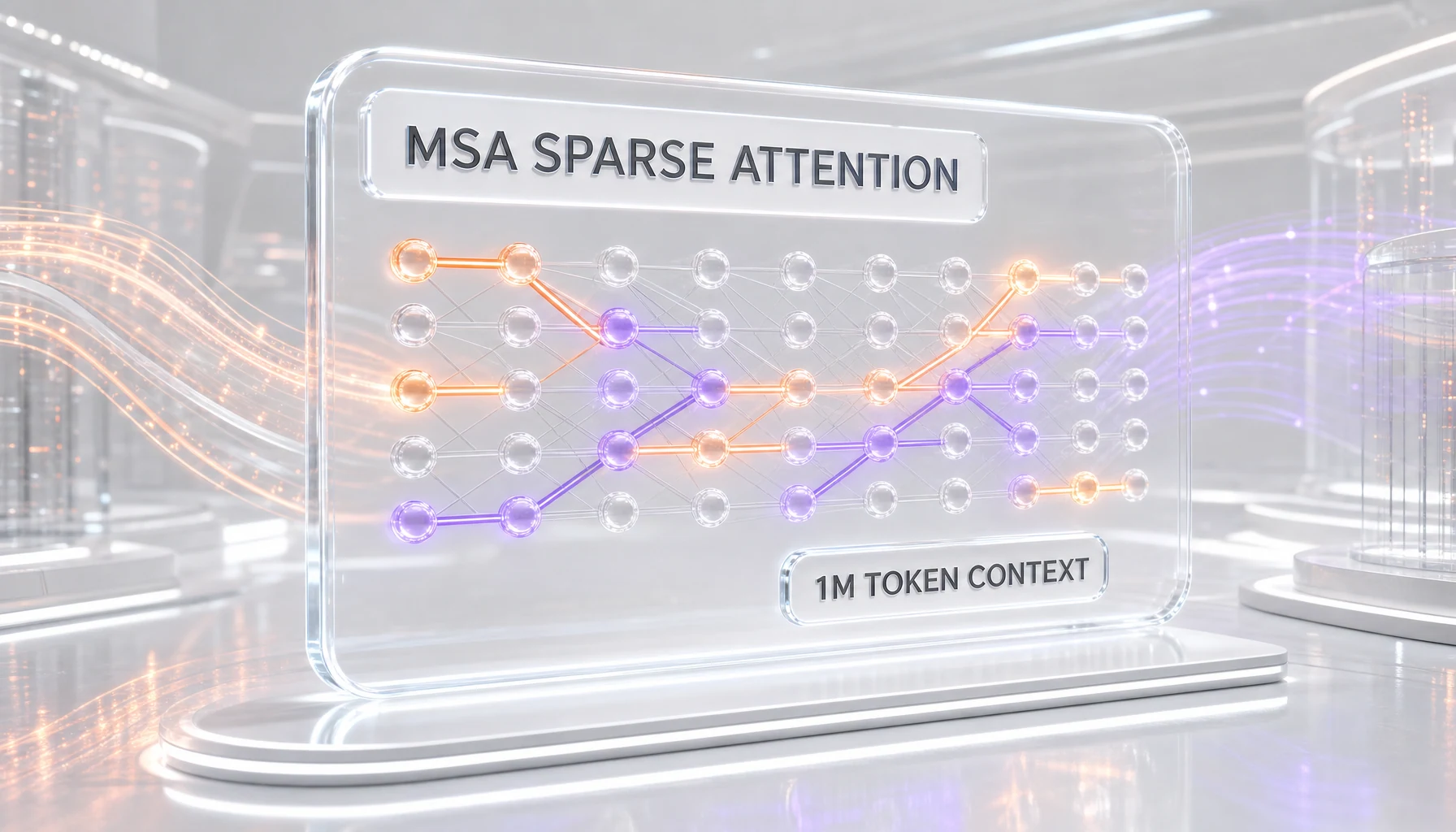 MiniMax M3 architecture diagram showing MSA sparse attention enabling a 1 million token context window with faster prefill and decode at one twentieth the per token compute